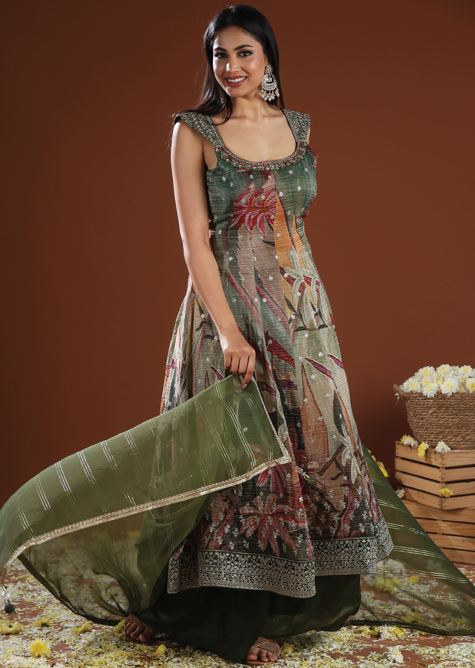 Mehendi Green Tissue Silk Anarkali Suit