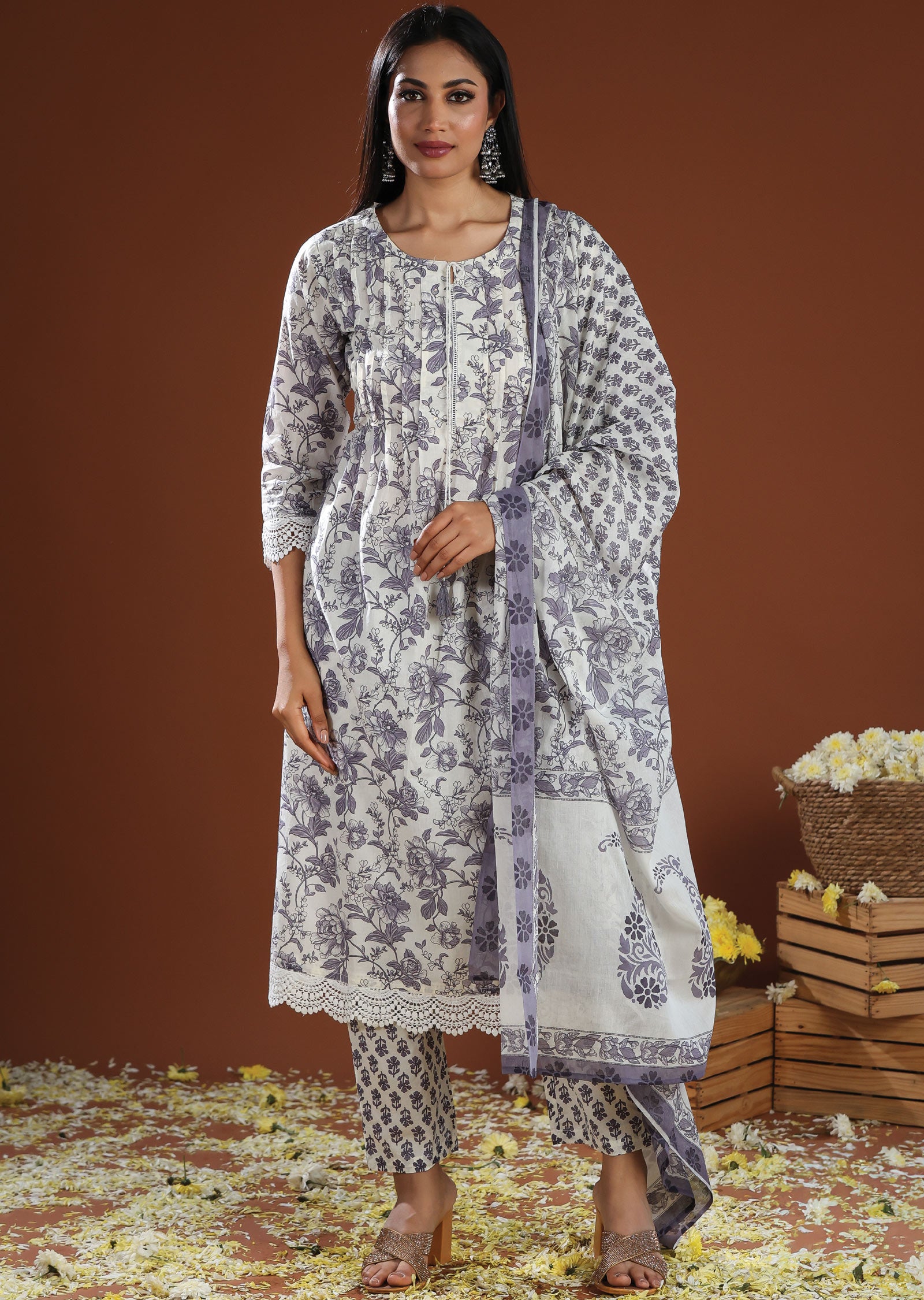 Off White & Lavender Cotton Anarkali Suit