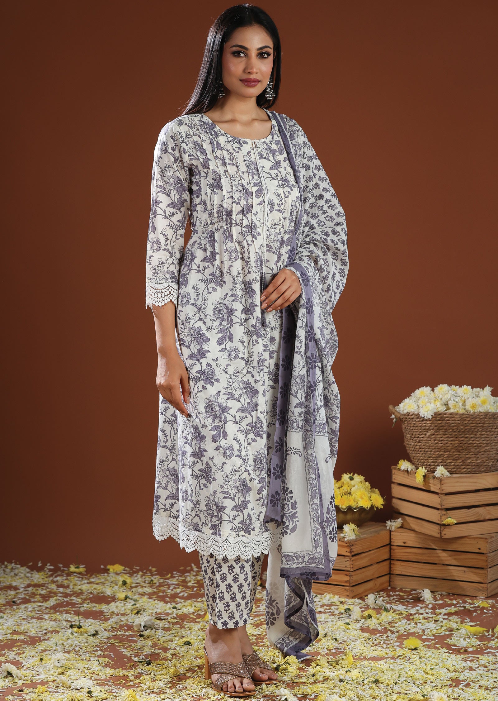 Off White & Lavender Cotton Anarkali Suit