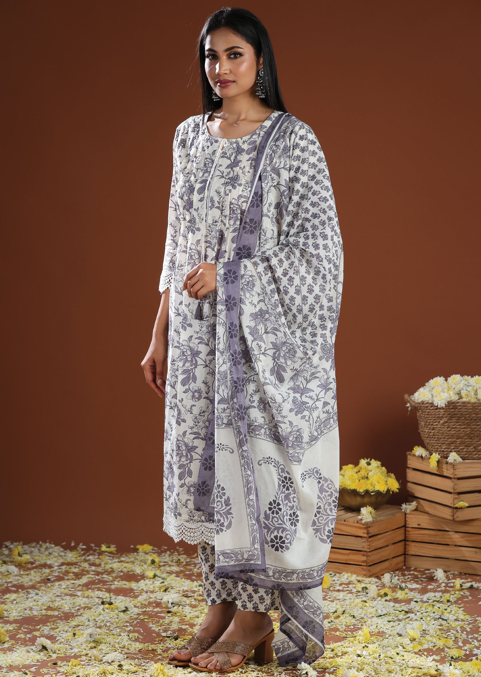 Off White & Lavender Cotton Anarkali Suit