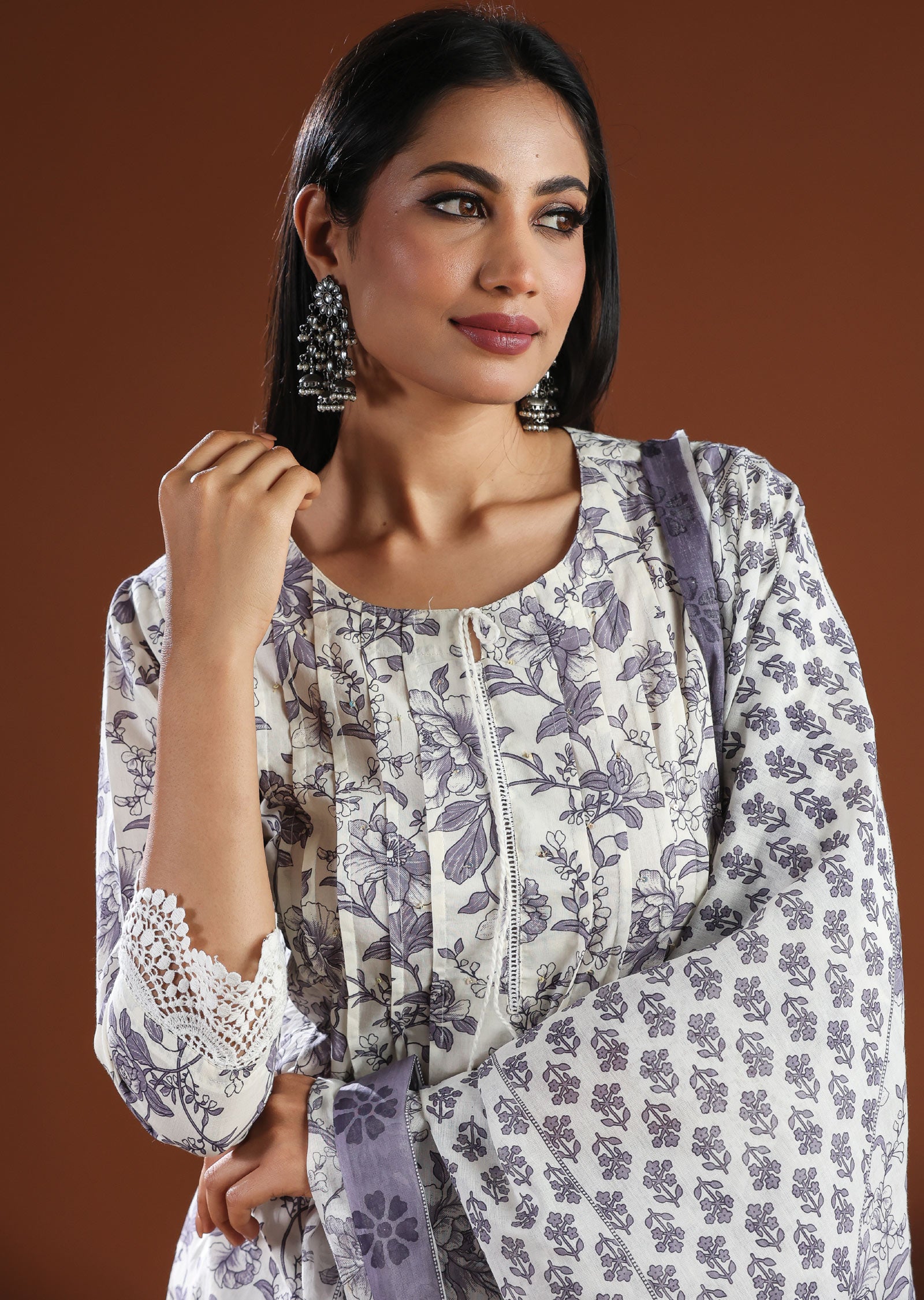 Off White & Lavender Cotton Anarkali Suit