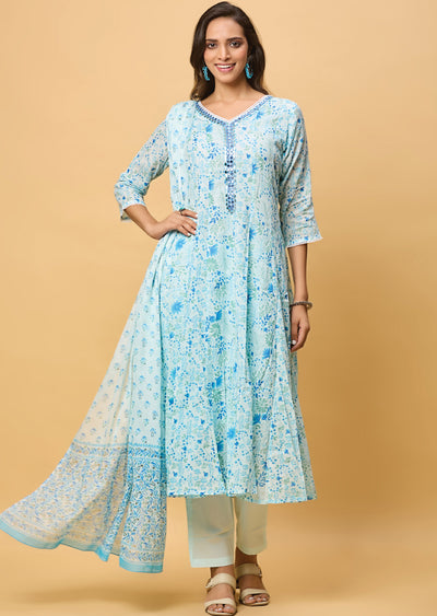 Sky Blue Cotton Anarkali Suit