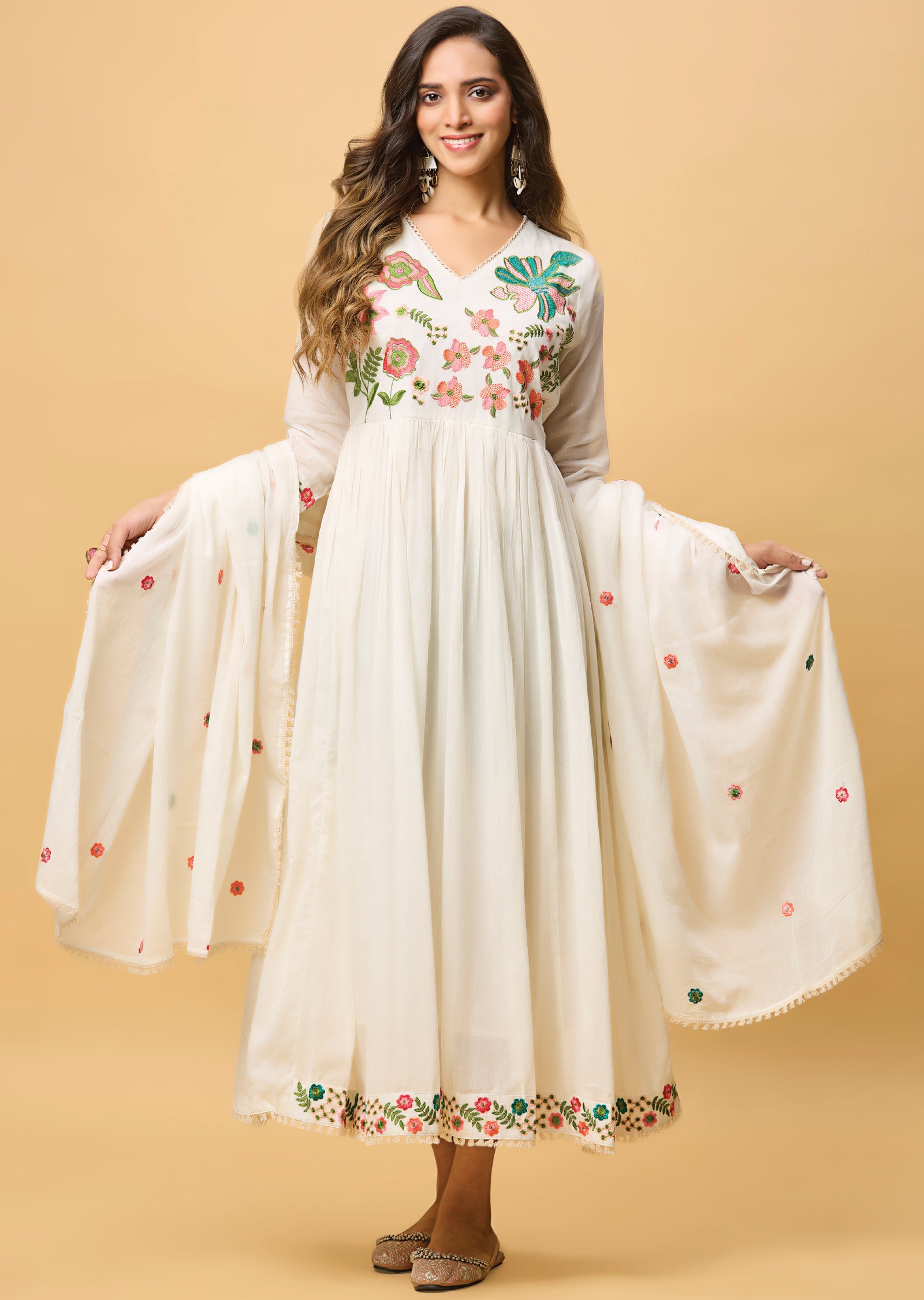 Off White Cotton Anarkali Suit
