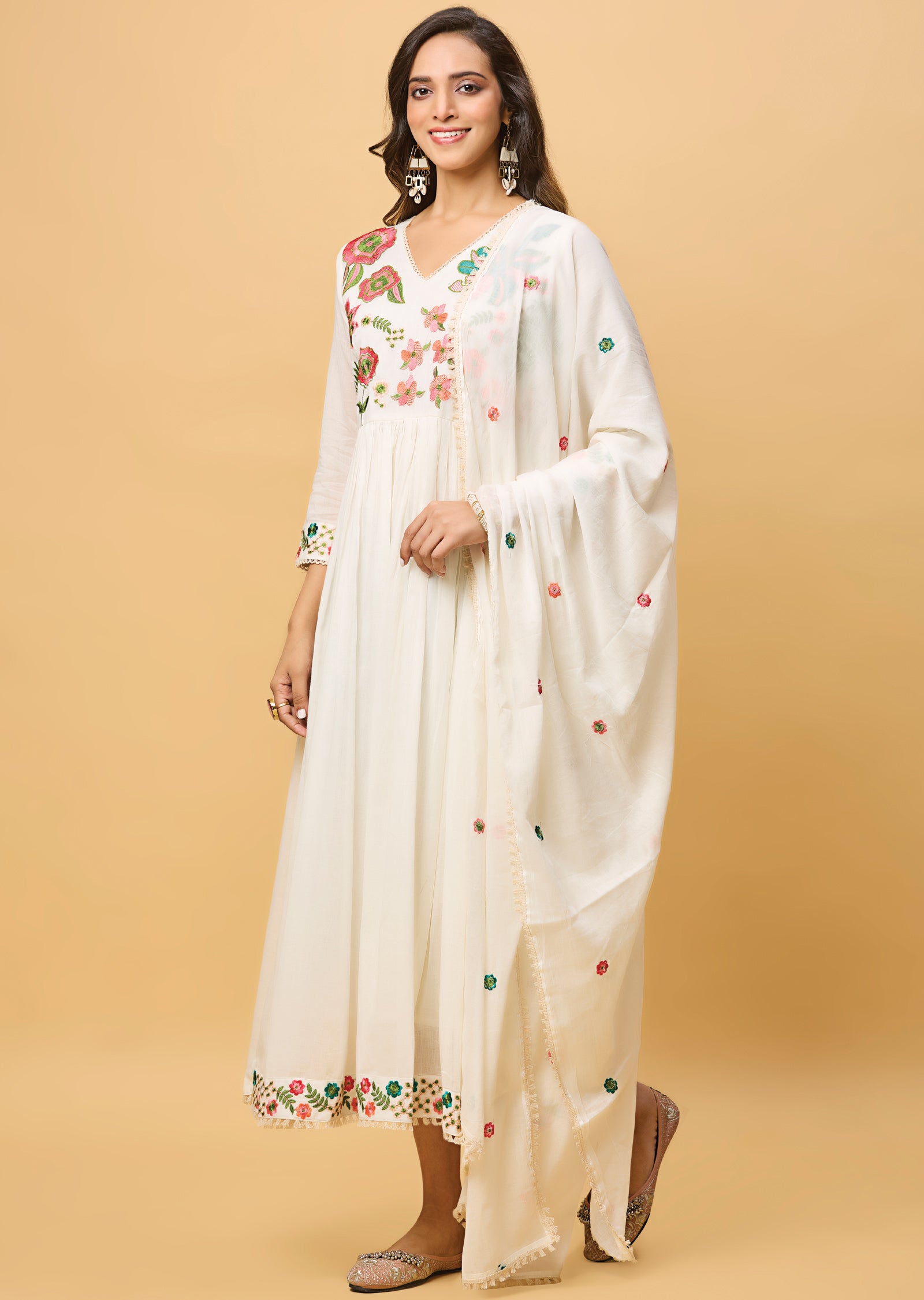 Off White Cotton Anarkali Suit