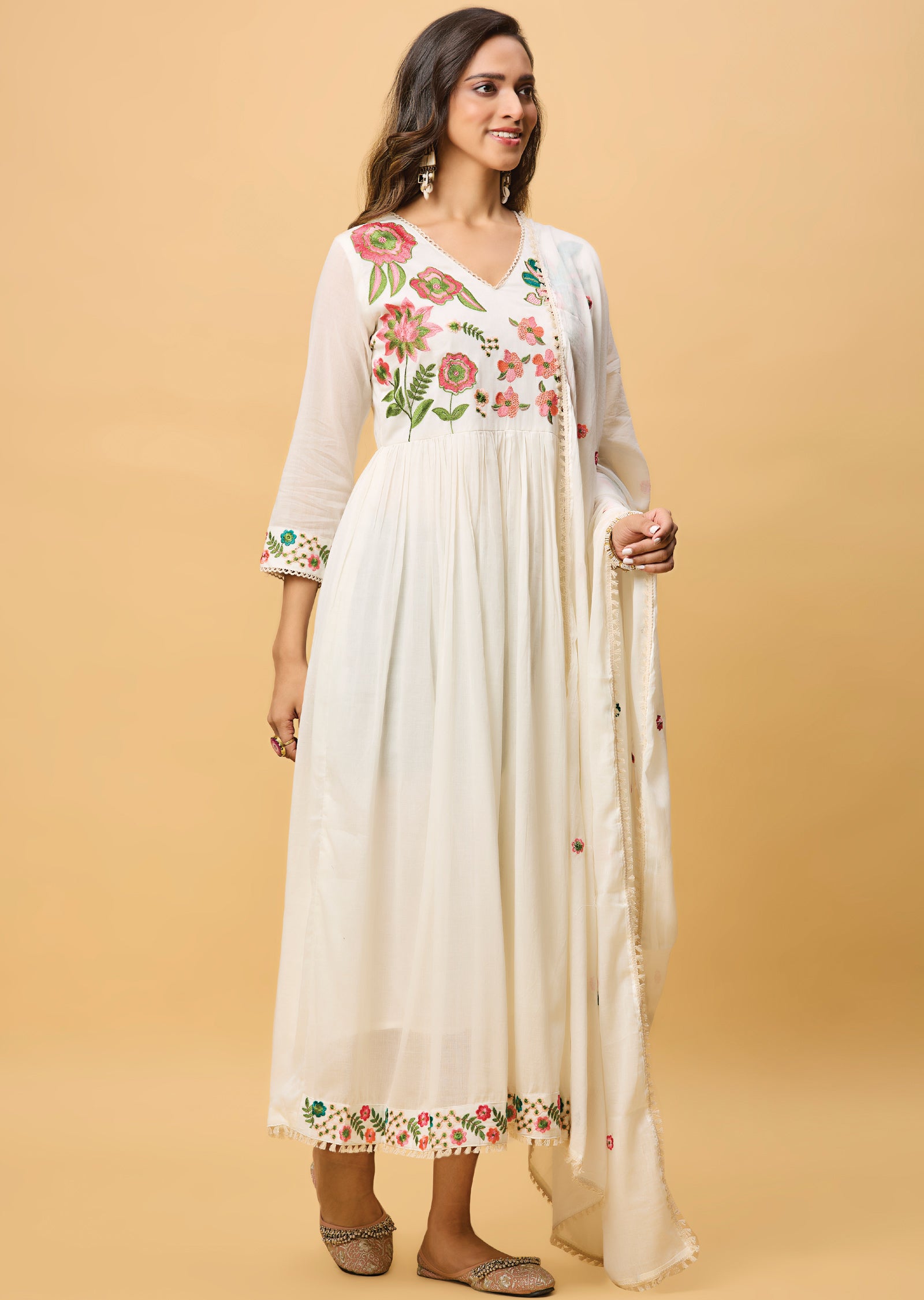 Off White Cotton Anarkali Suit