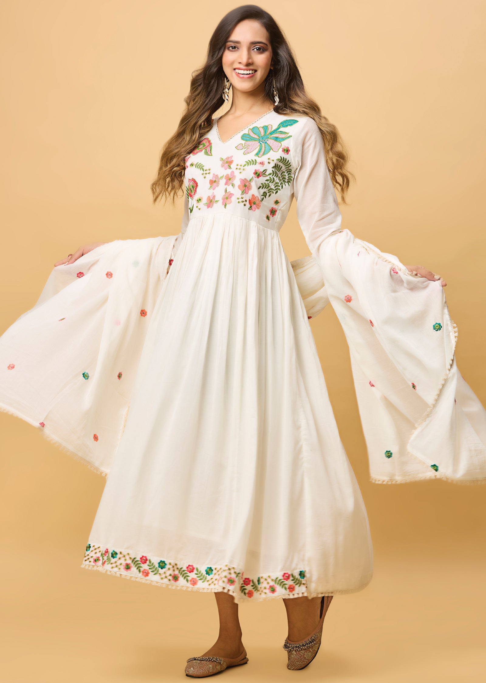 Off White Cotton Anarkali Suit