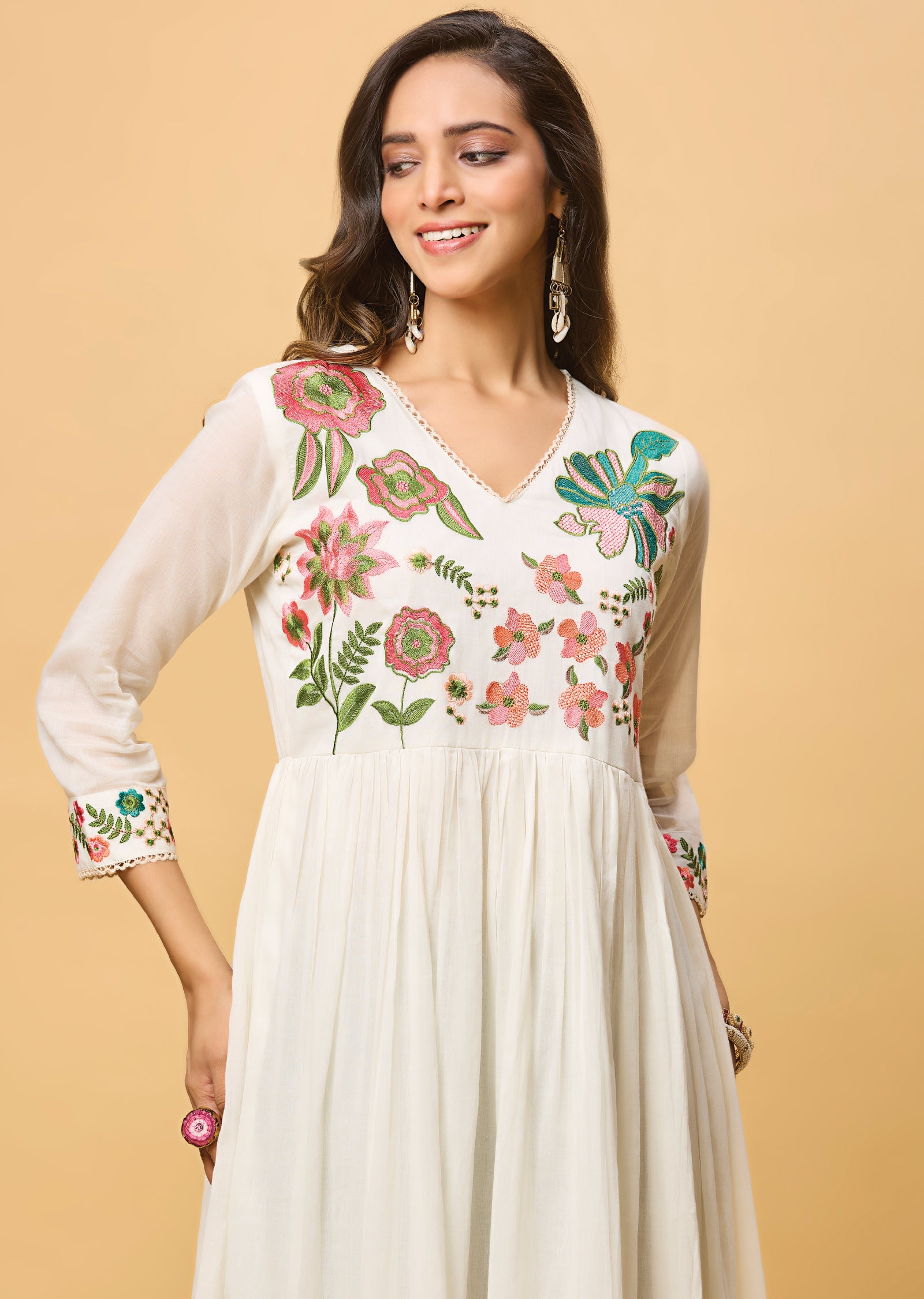 Off White Cotton Anarkali Suit