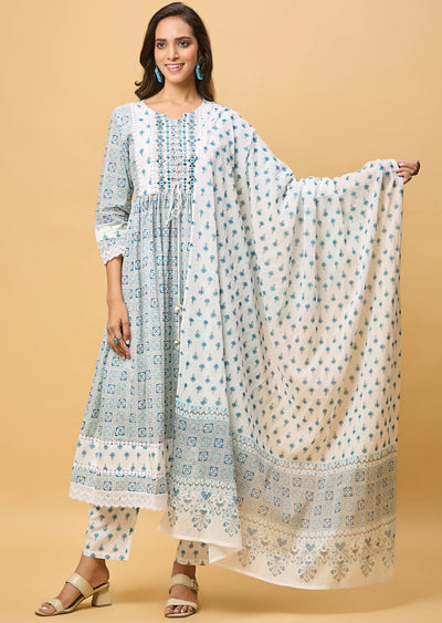 Off White & Blue Cotton Anarkali Suit