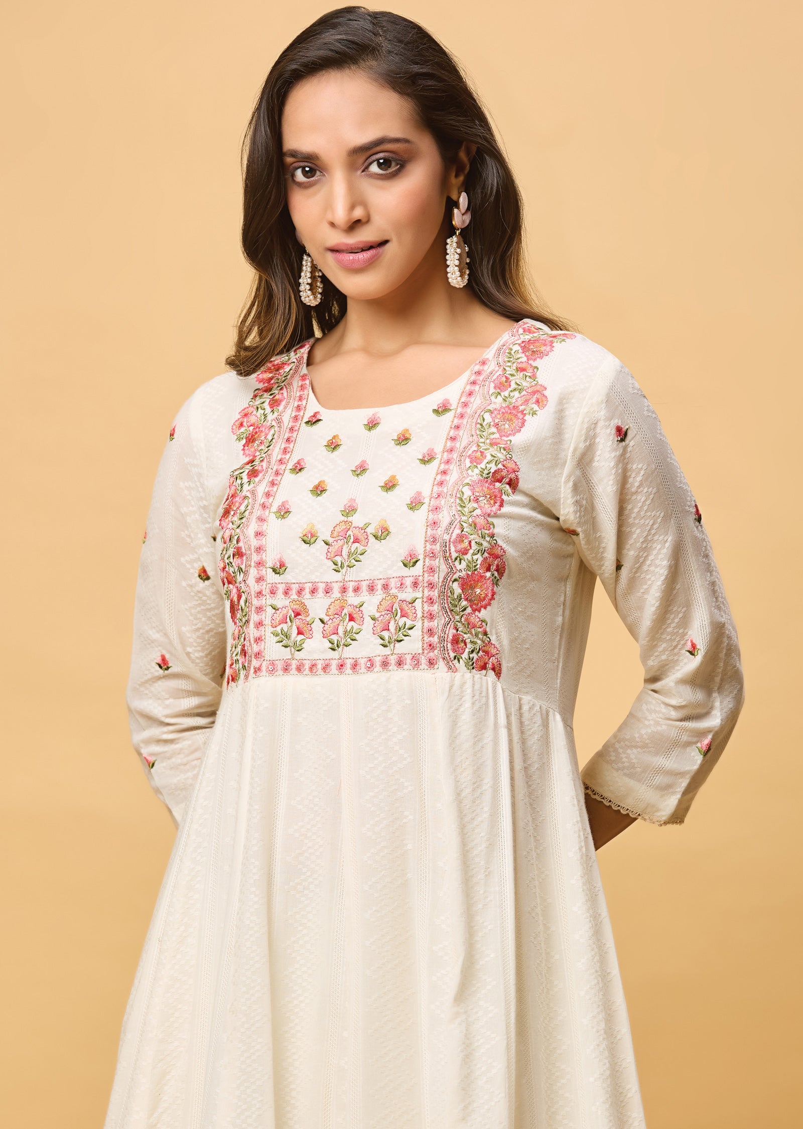 Off White Jacquard Cotton Anarkali Suit