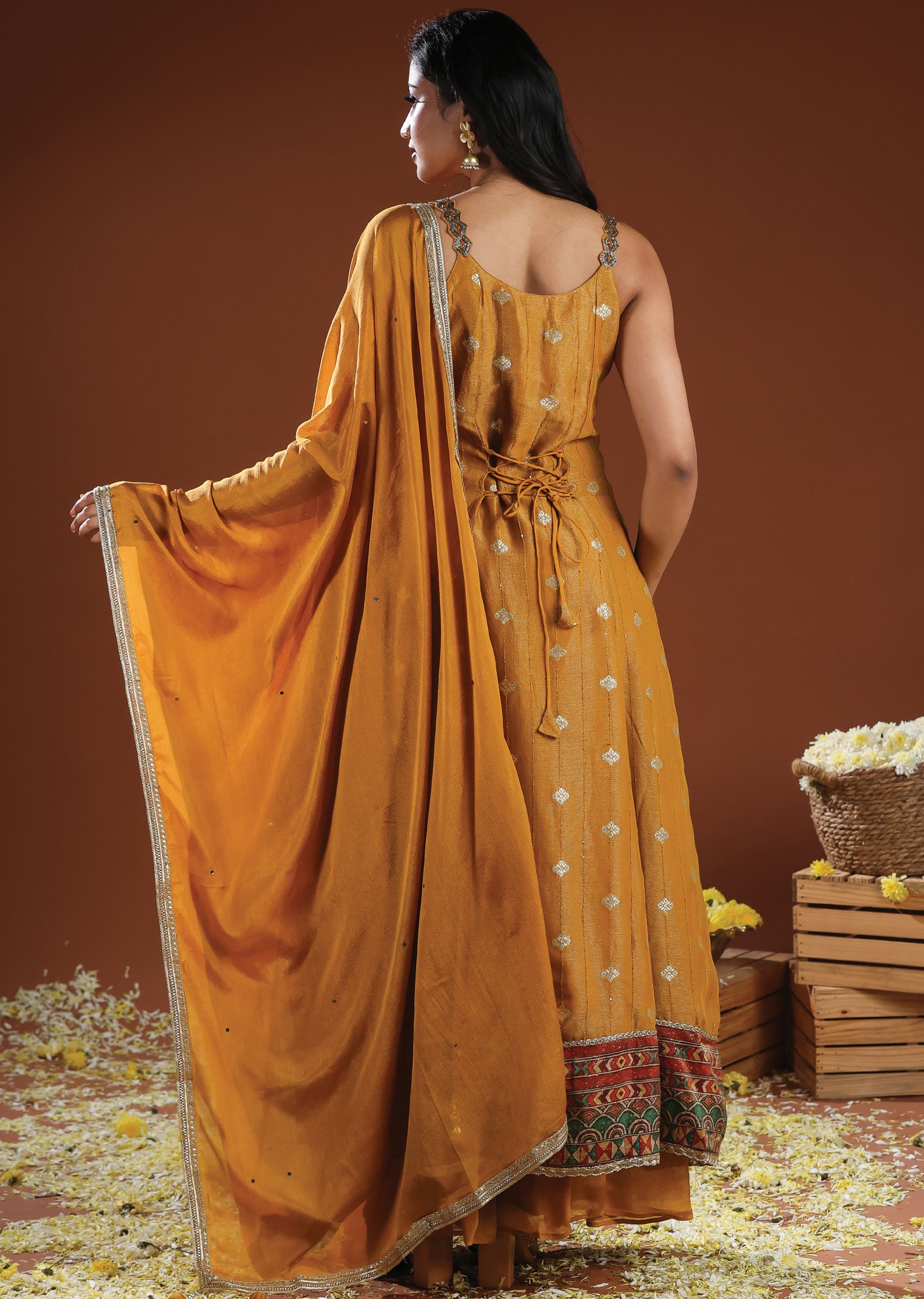 Mustard Tissue Silk & Chinon Anarkali Suit