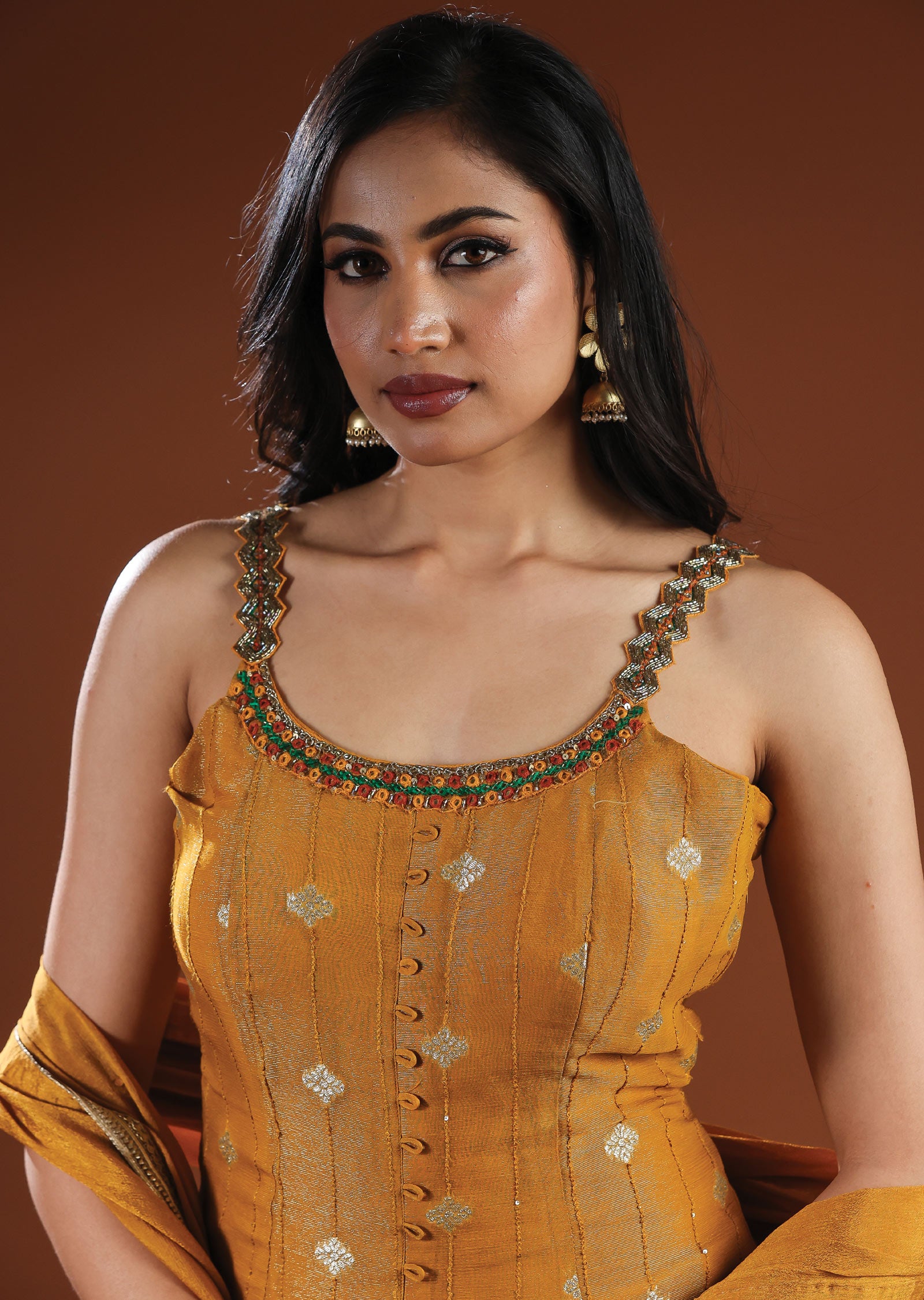 Mustard Tissue Silk & Chinon Anarkali Suit