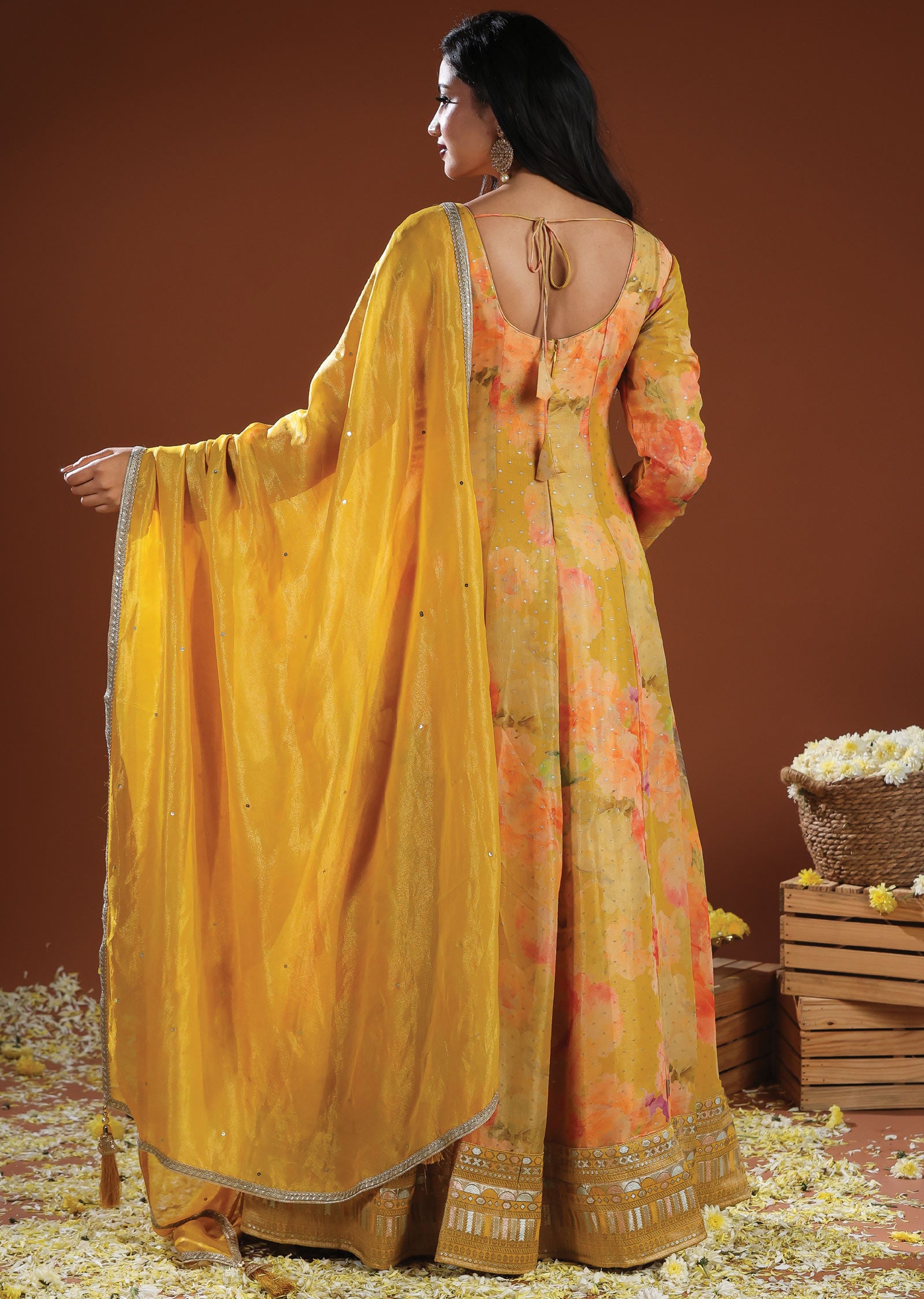 Yellow Banarasi Organza Anarkali Suit