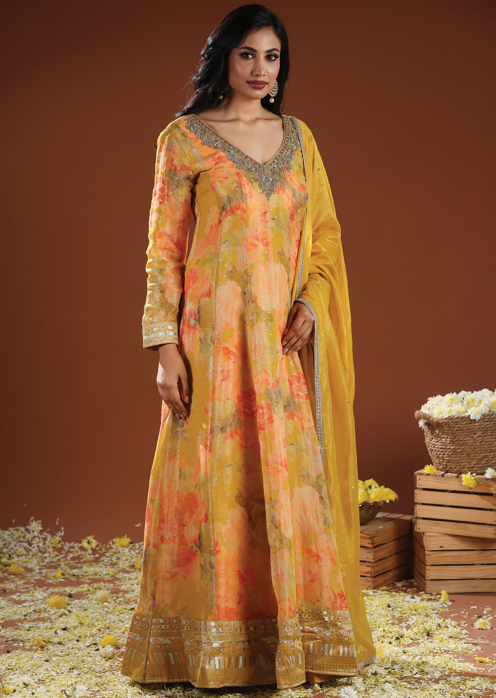 Yellow Banarasi Organza Anarkali Suit