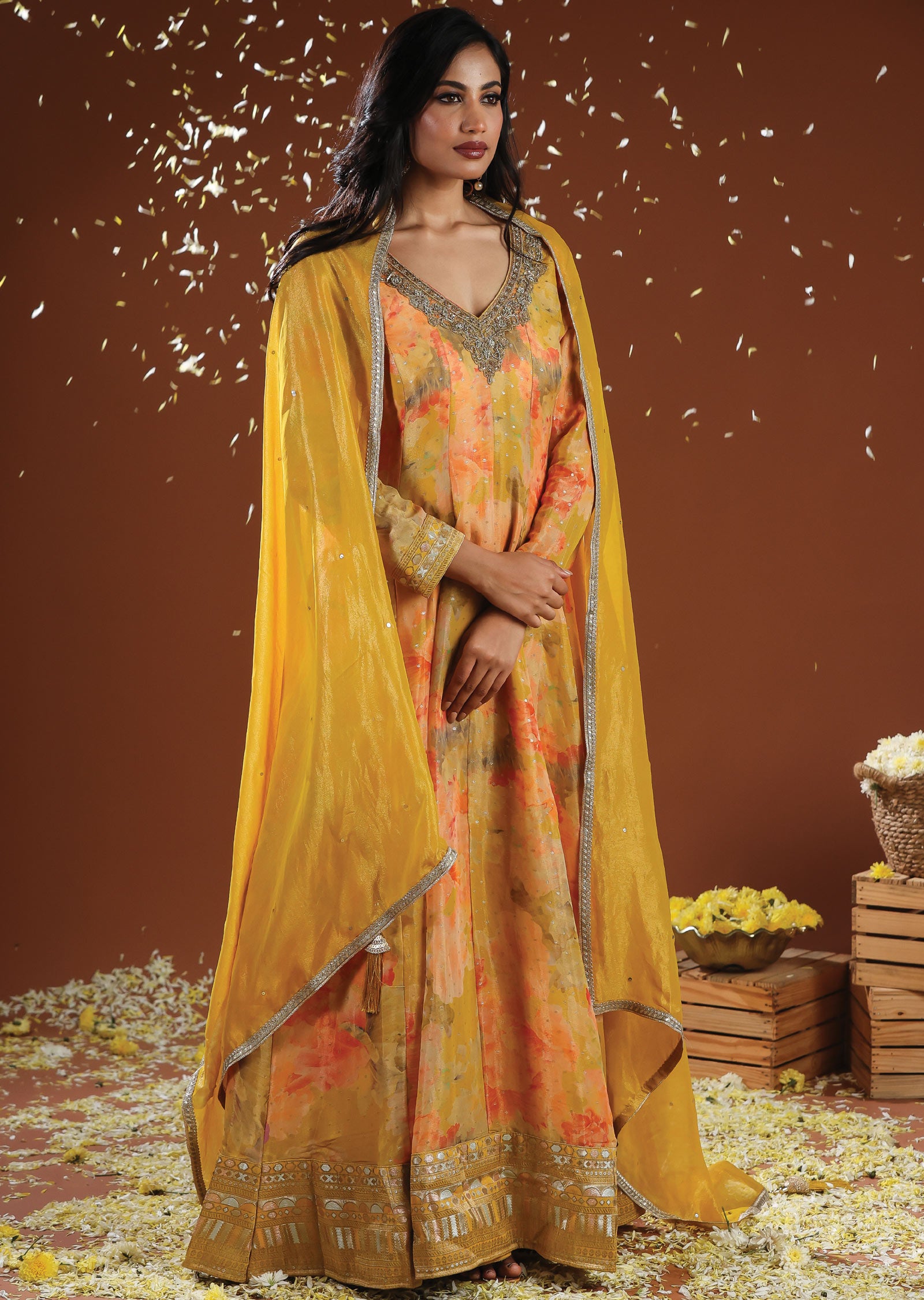 Yellow Banarasi Organza Anarkali Suit