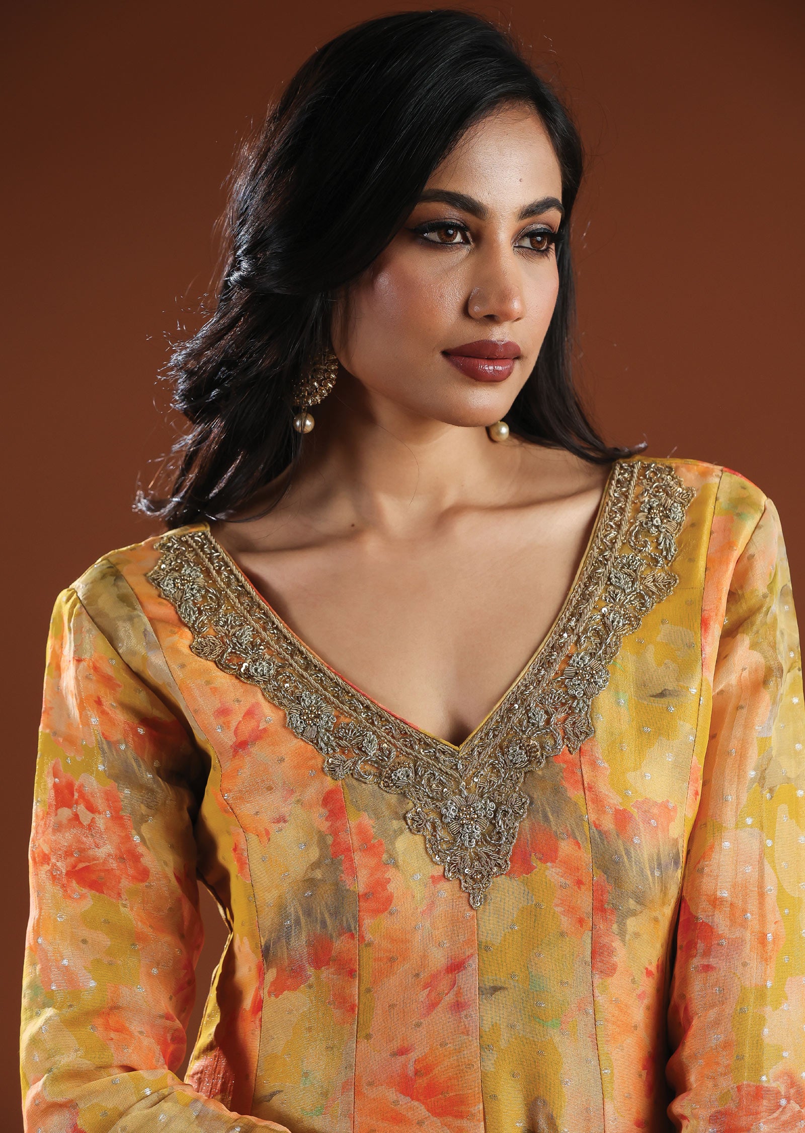 Yellow Banarasi Organza Anarkali Suit