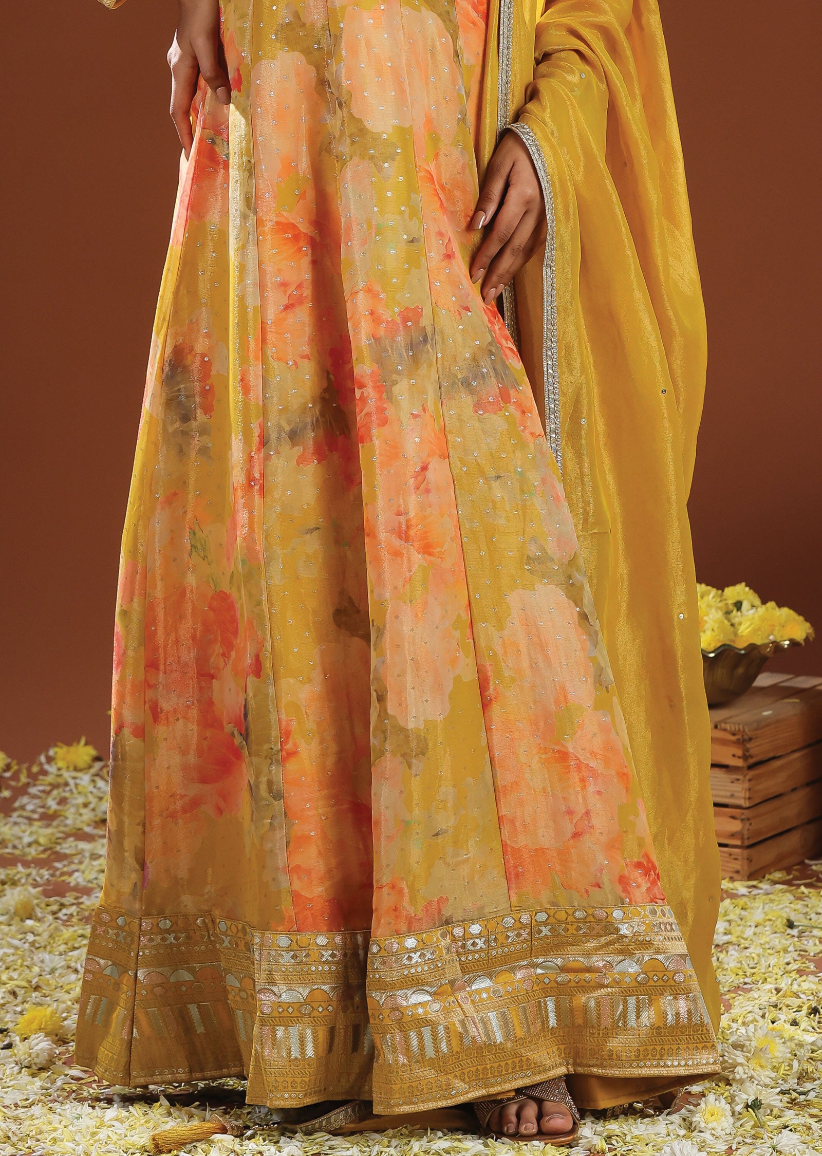 Yellow Banarasi Organza Anarkali Suit