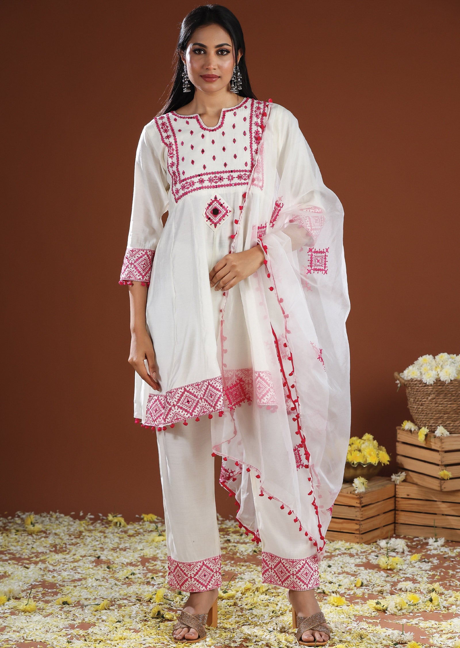 Off White Russian Silk Anarkali Suit