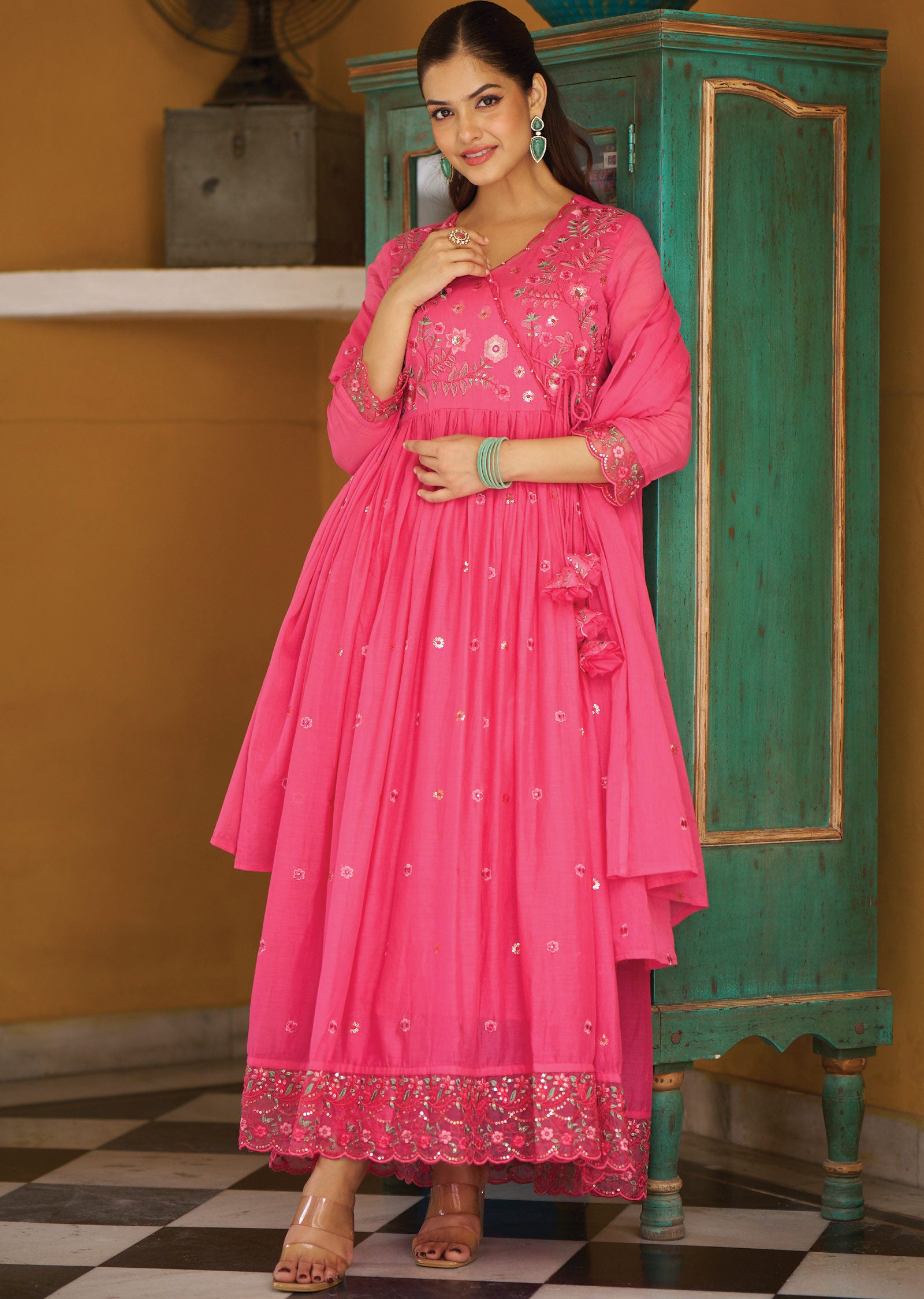 Pink Cotton Anarkali Suit