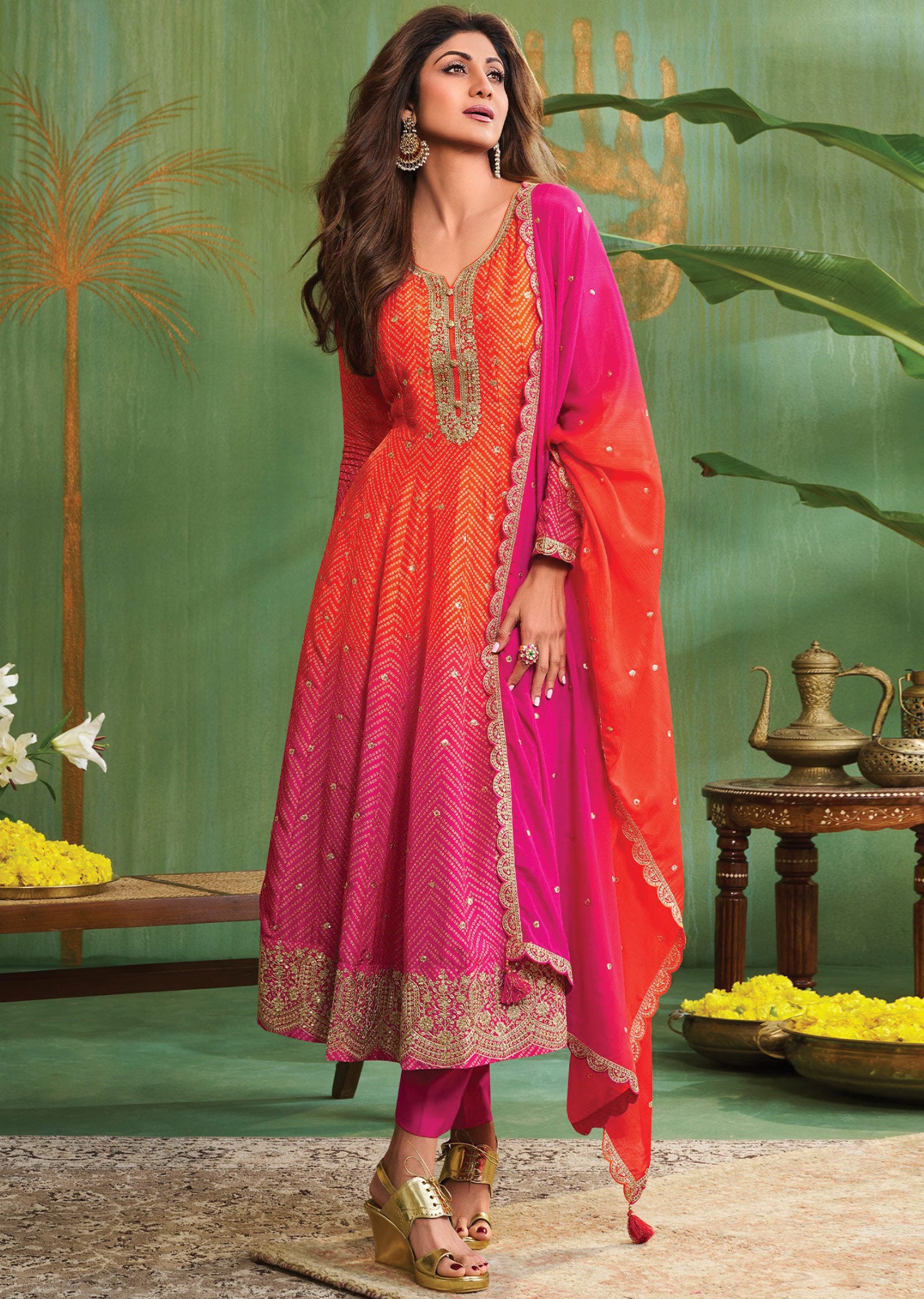 Orange & Rani Pink Soft Silk Anarkali Suit
