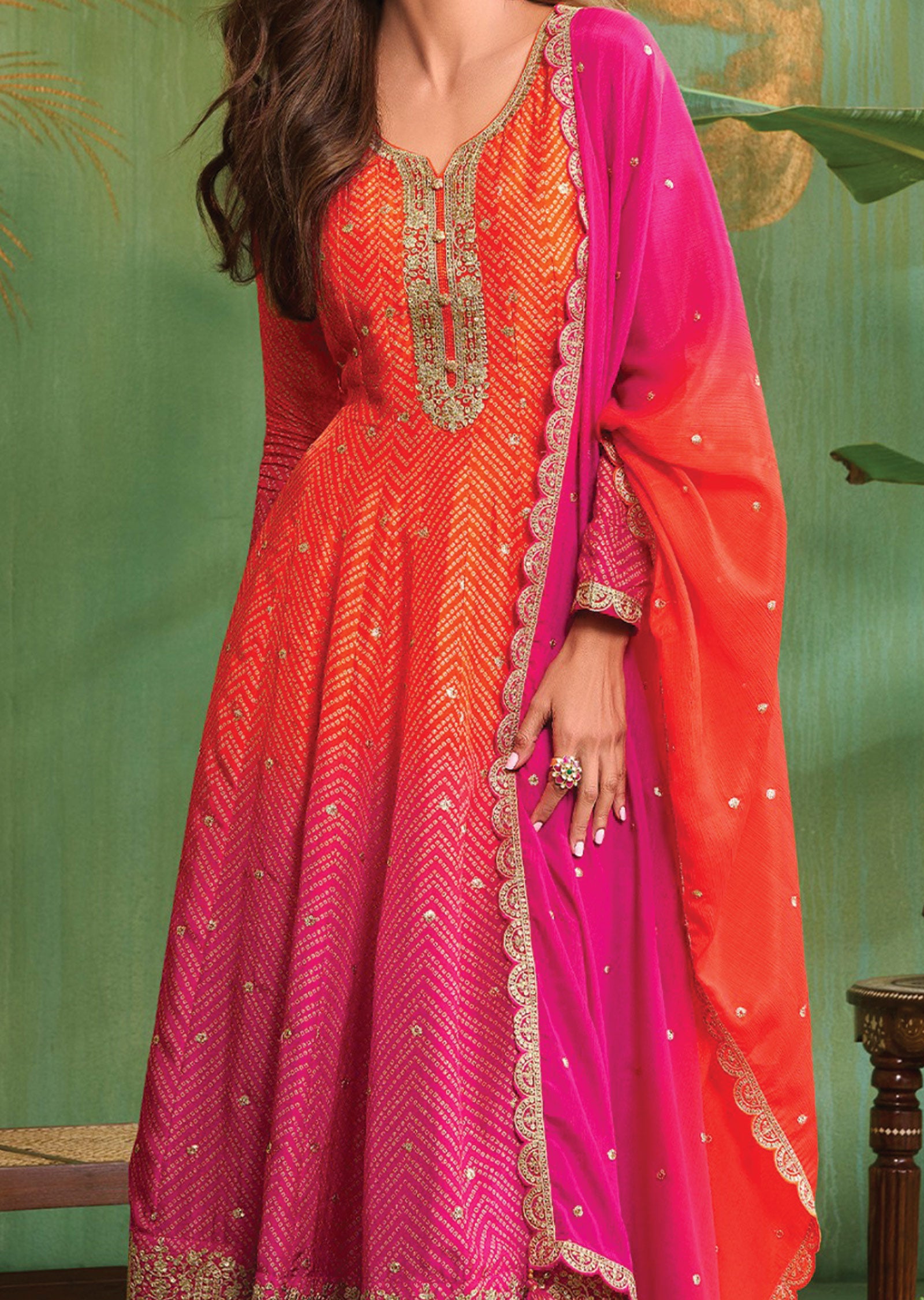 Orange & Rani Pink Soft Silk Anarkali Suit
