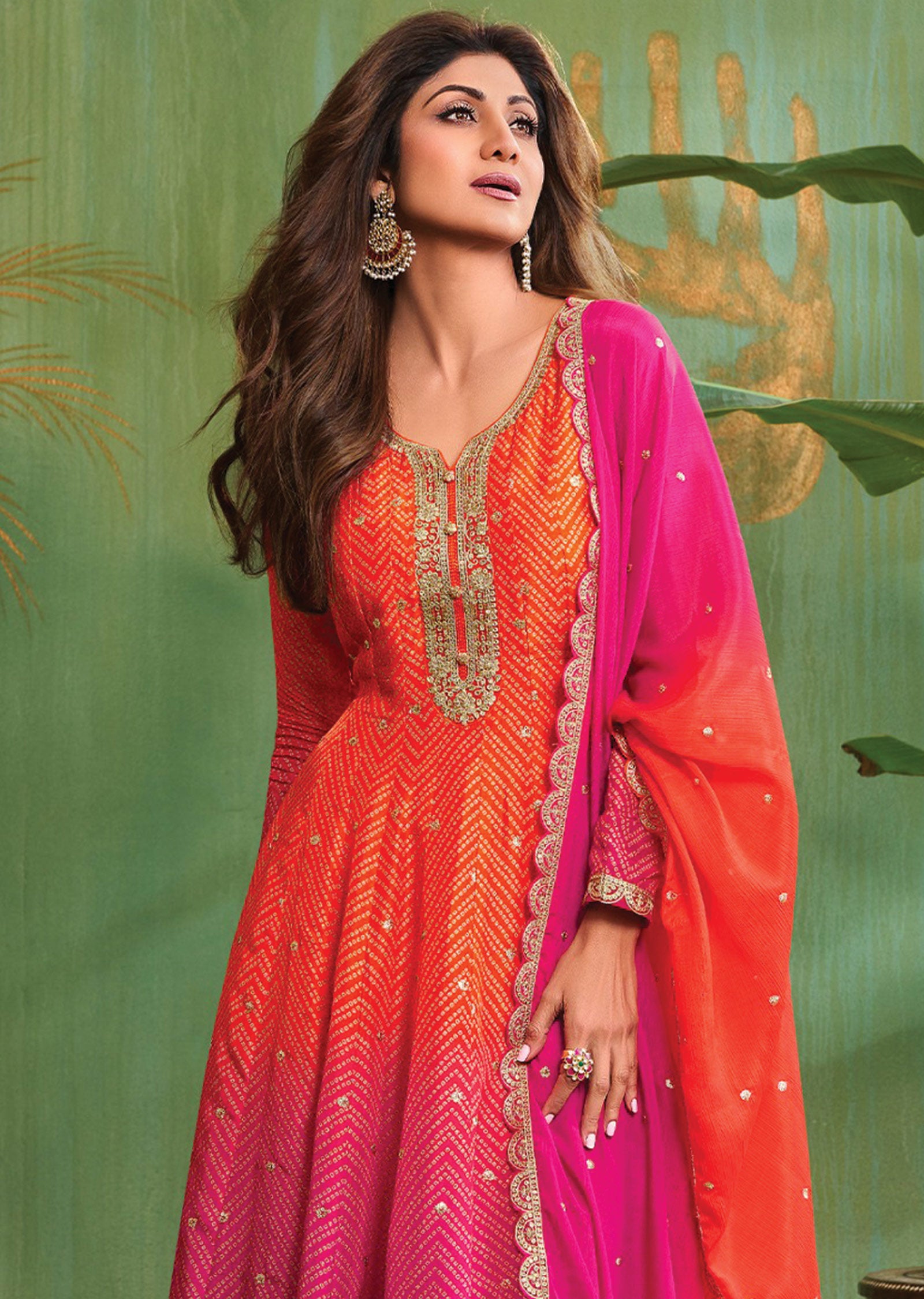 Orange & Rani Pink Soft Silk Anarkali Suit