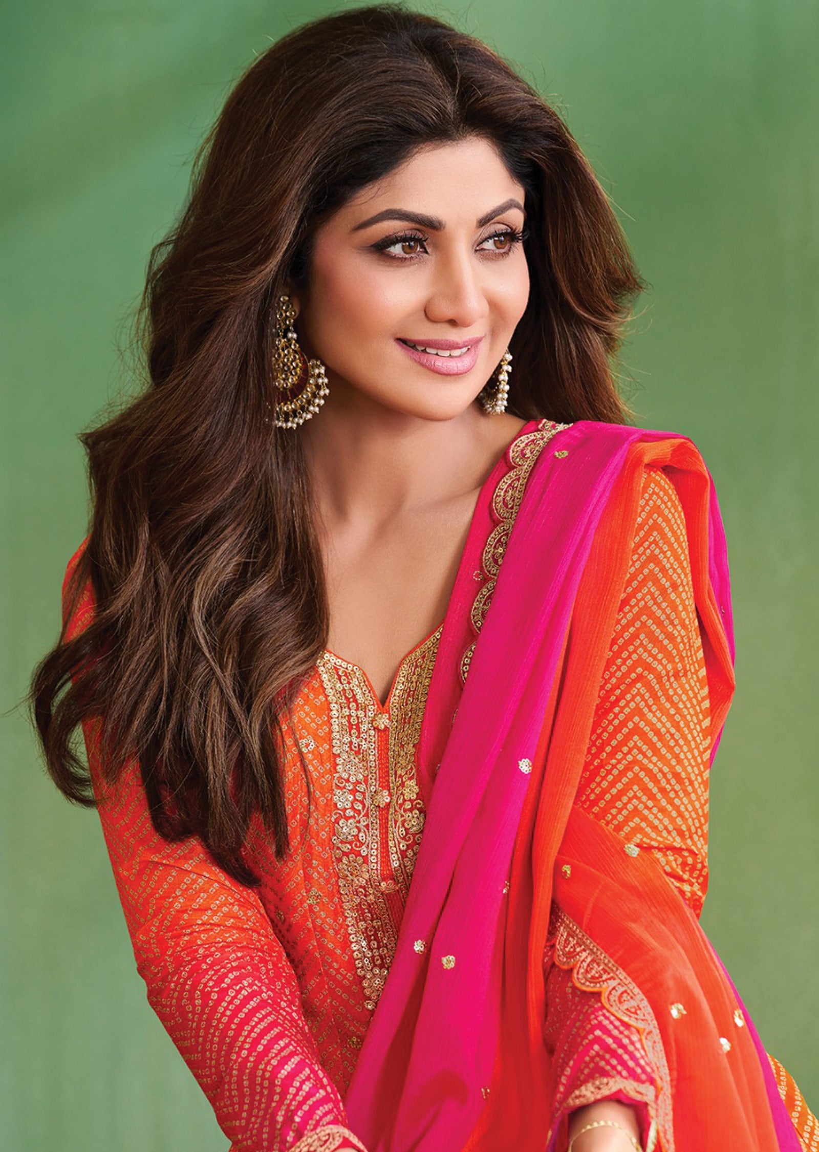 Orange & Rani Pink Soft Silk Anarkali Suit