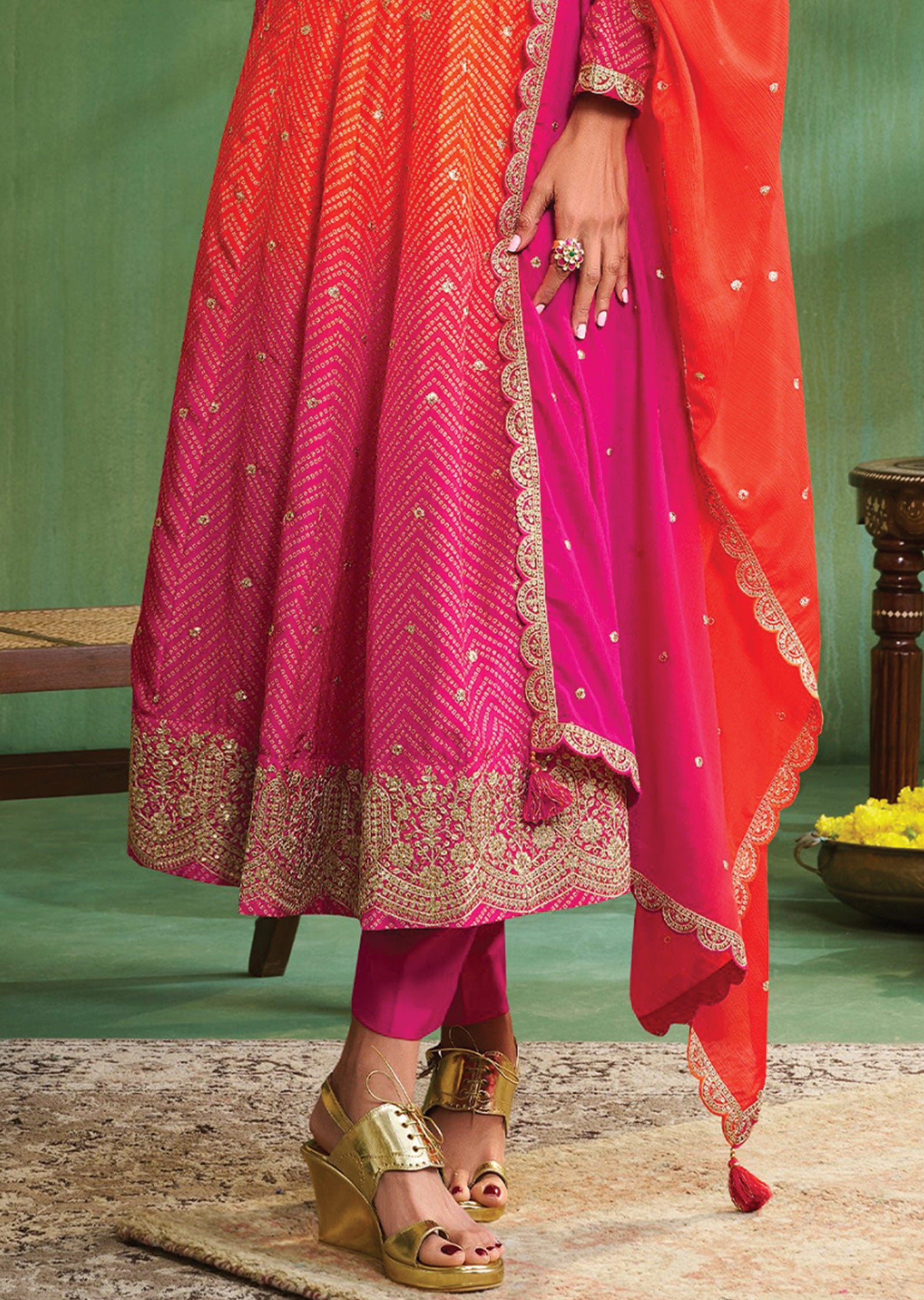 Orange & Rani Pink Soft Silk Anarkali Suit
