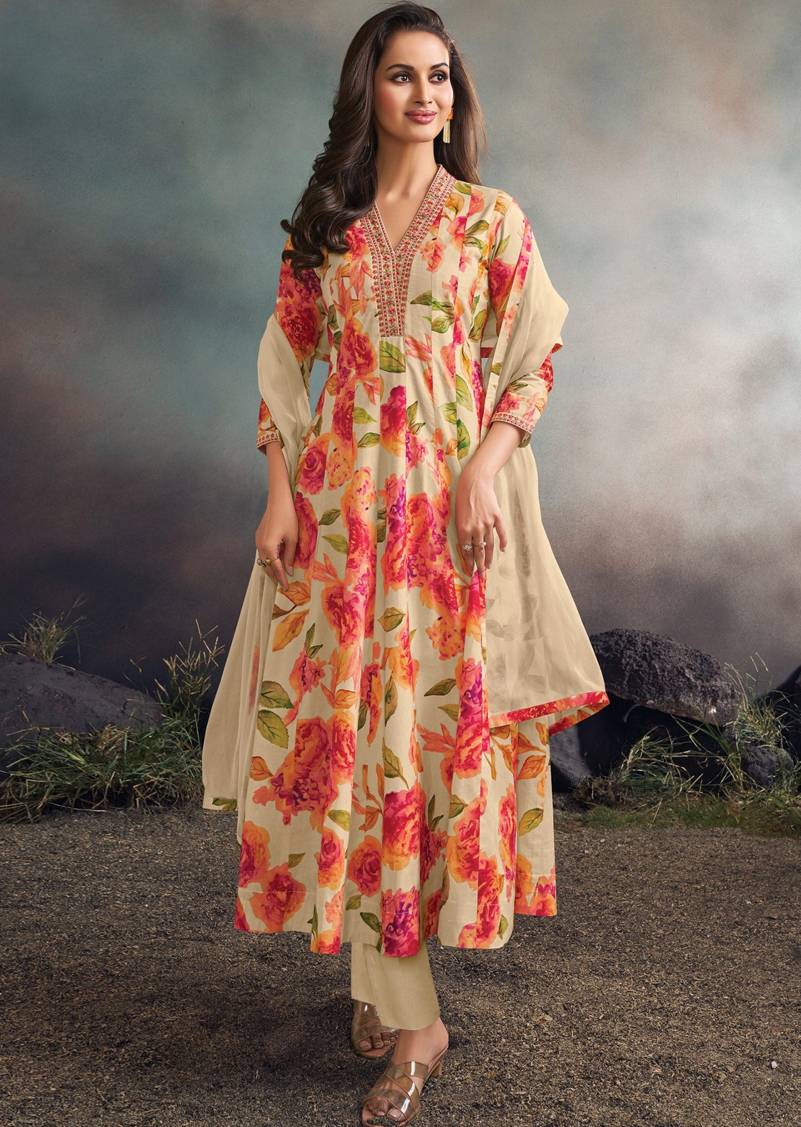 Cream Soft Silk Anarkali Suit