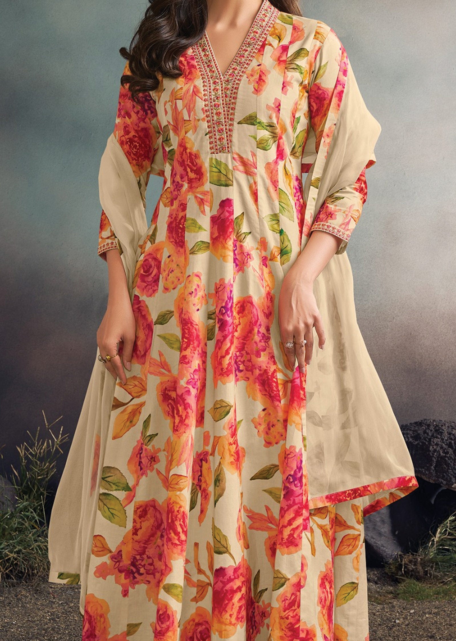 Cream Soft Silk Anarkali Suit