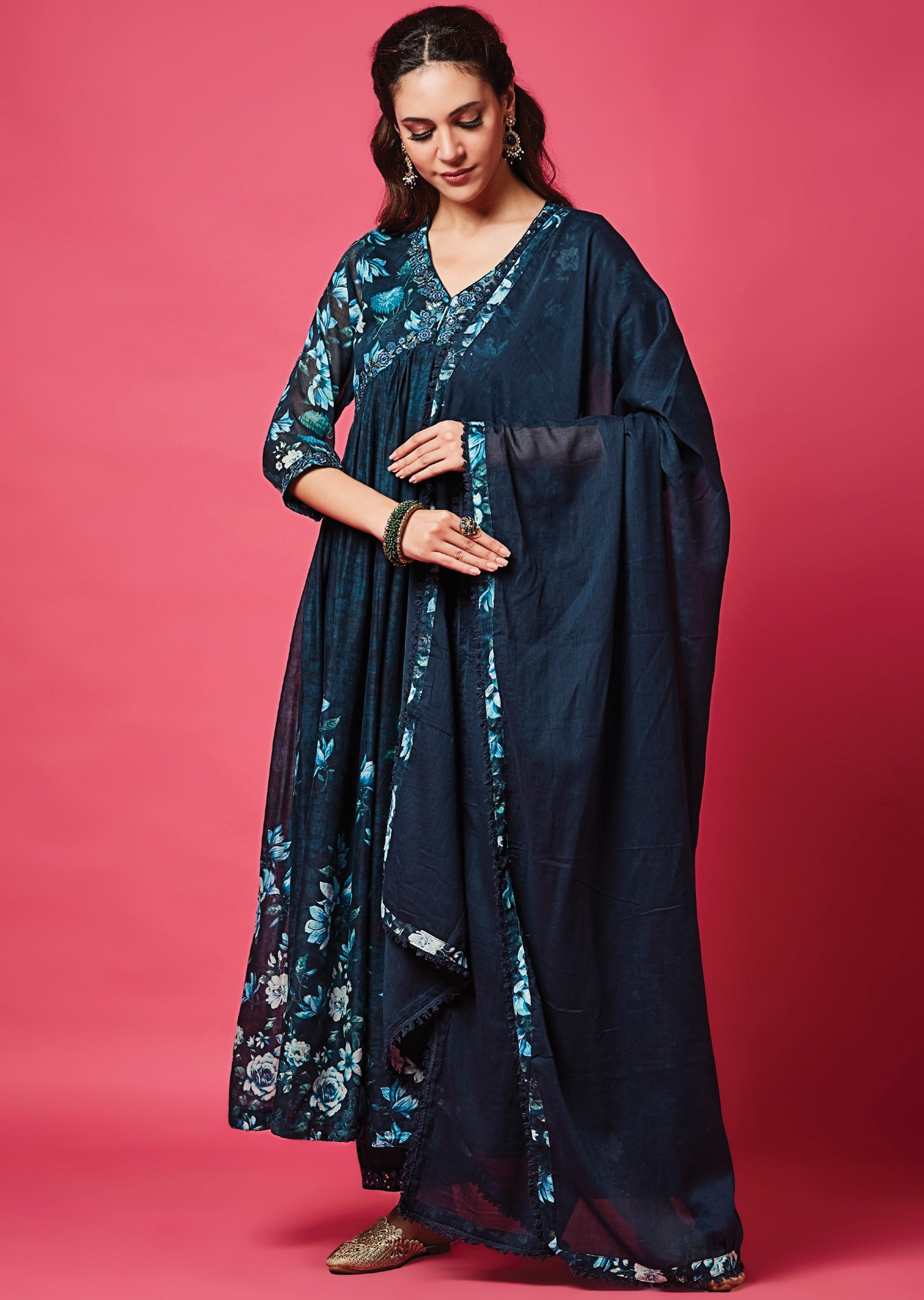 Teal Blue Cotton Anarkali Suit
