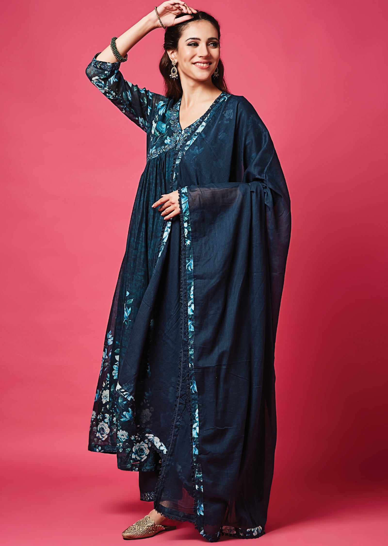 Teal Blue Cotton Anarkali Suit