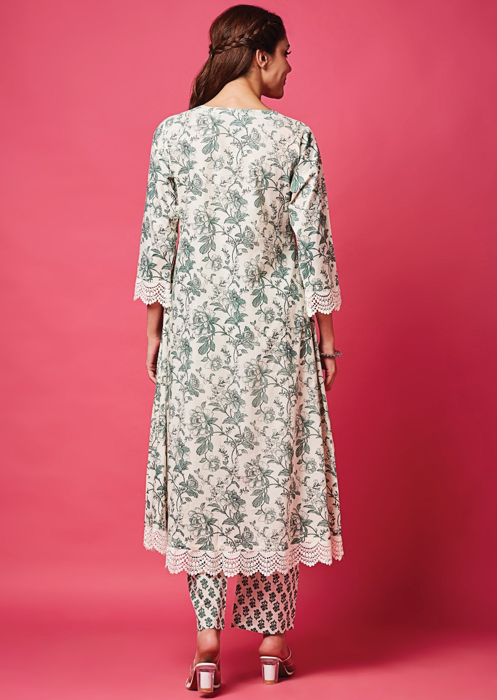 Off White & Green Cotton Anarkali Suit