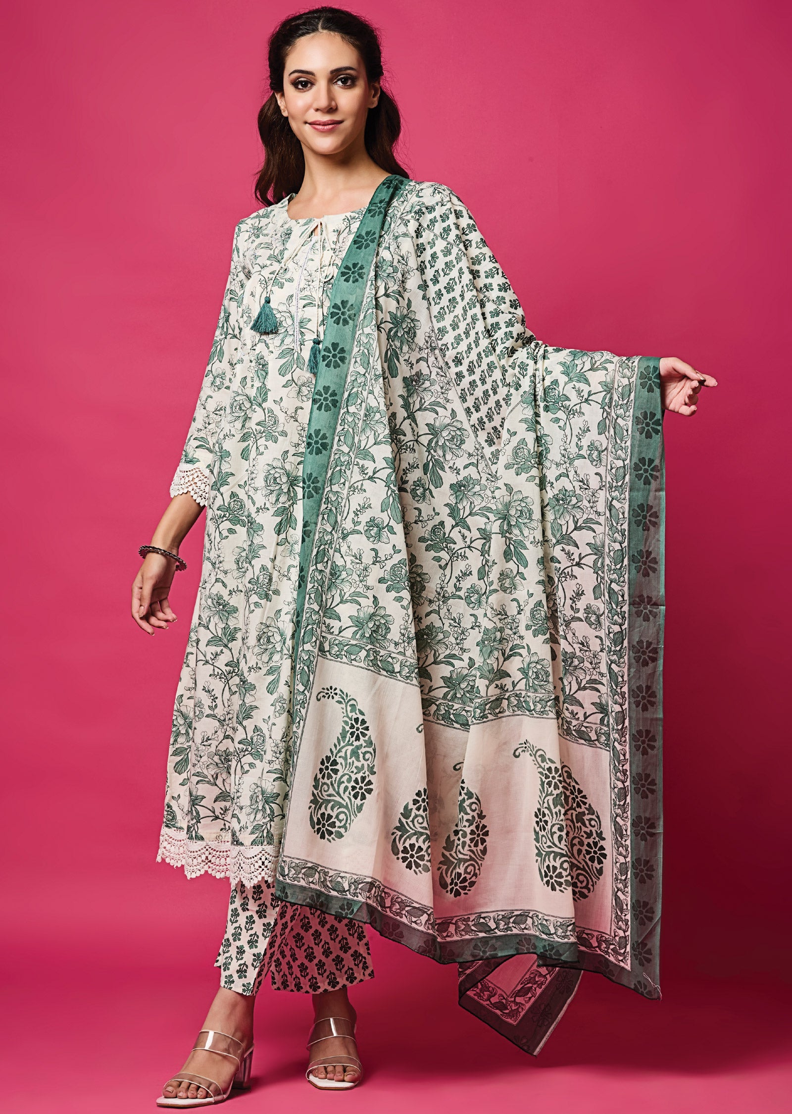 Off White & Green Cotton Anarkali Suit