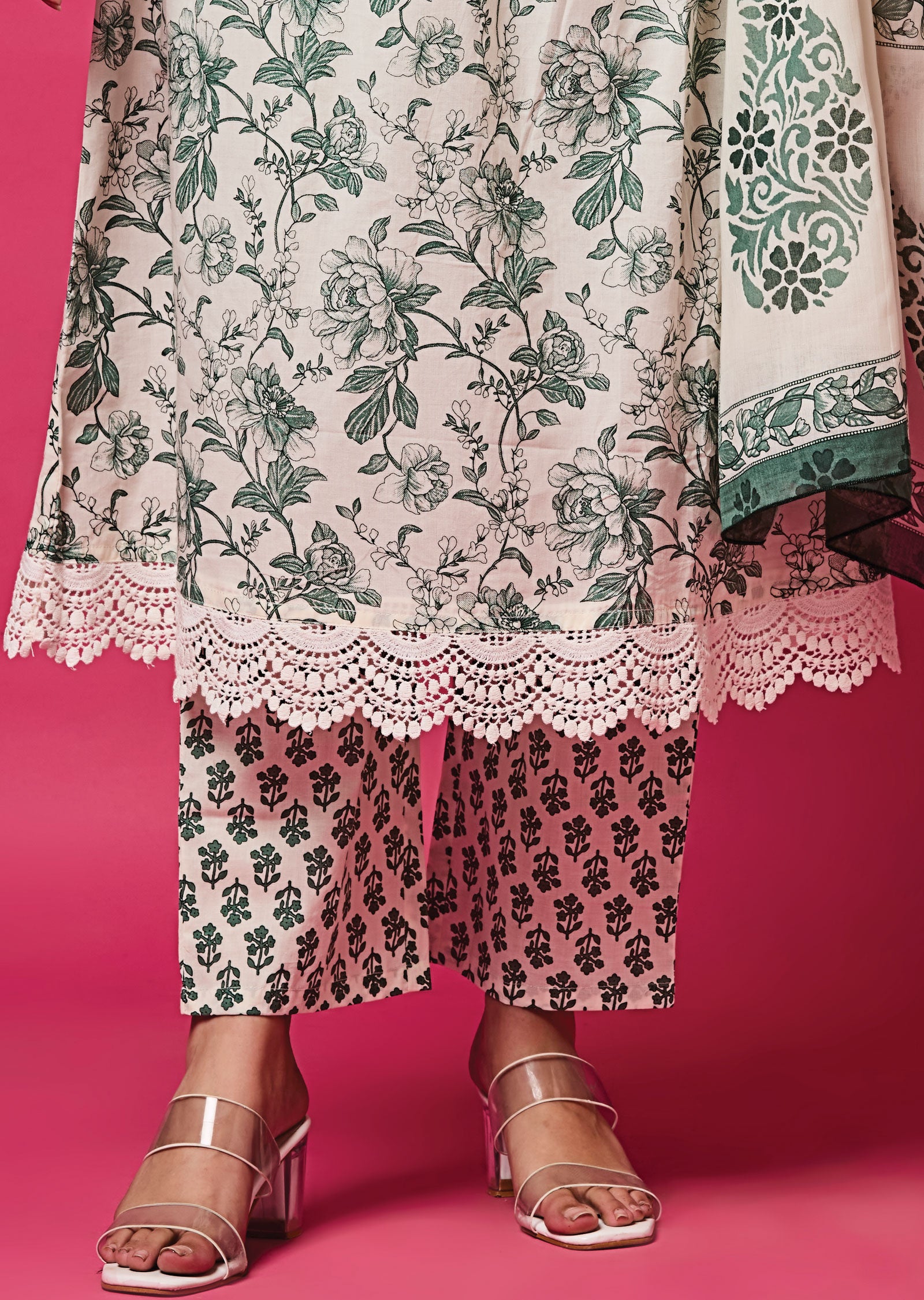 Off White & Green Cotton Anarkali Suit
