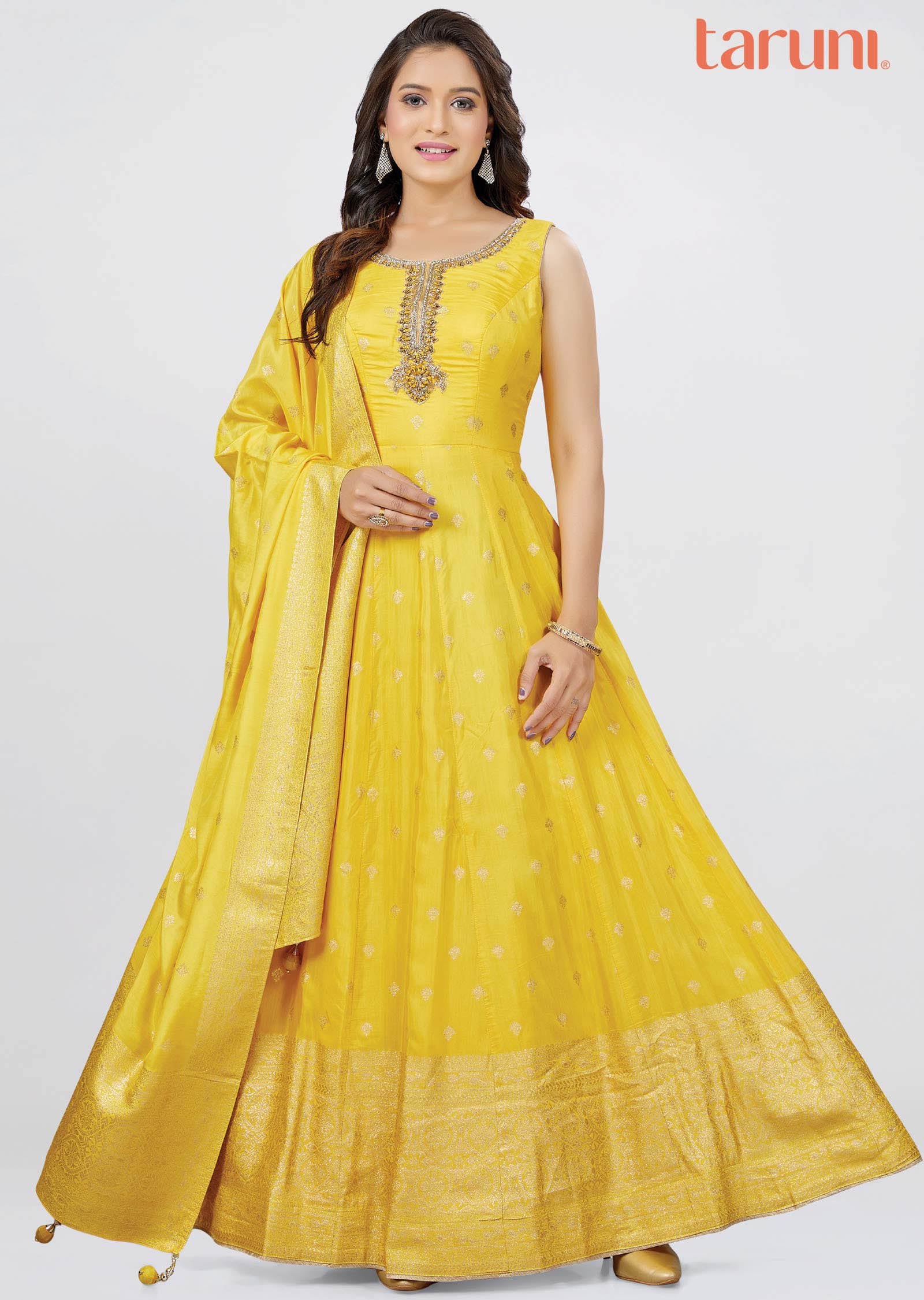 Yellow Banaras Embroidered Anarkali