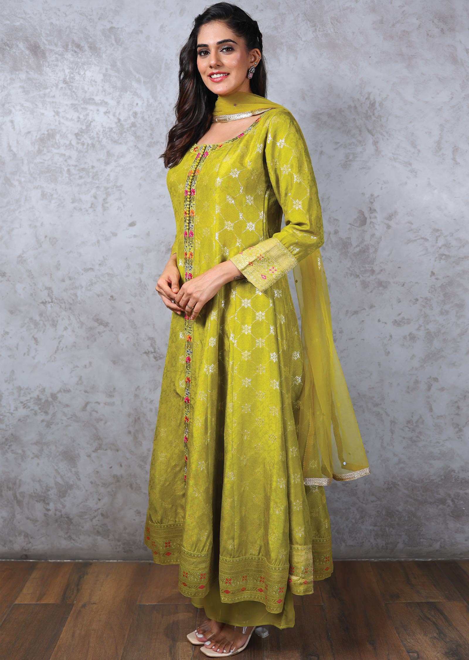 Lime Green Banaras Mirror work Anarkali