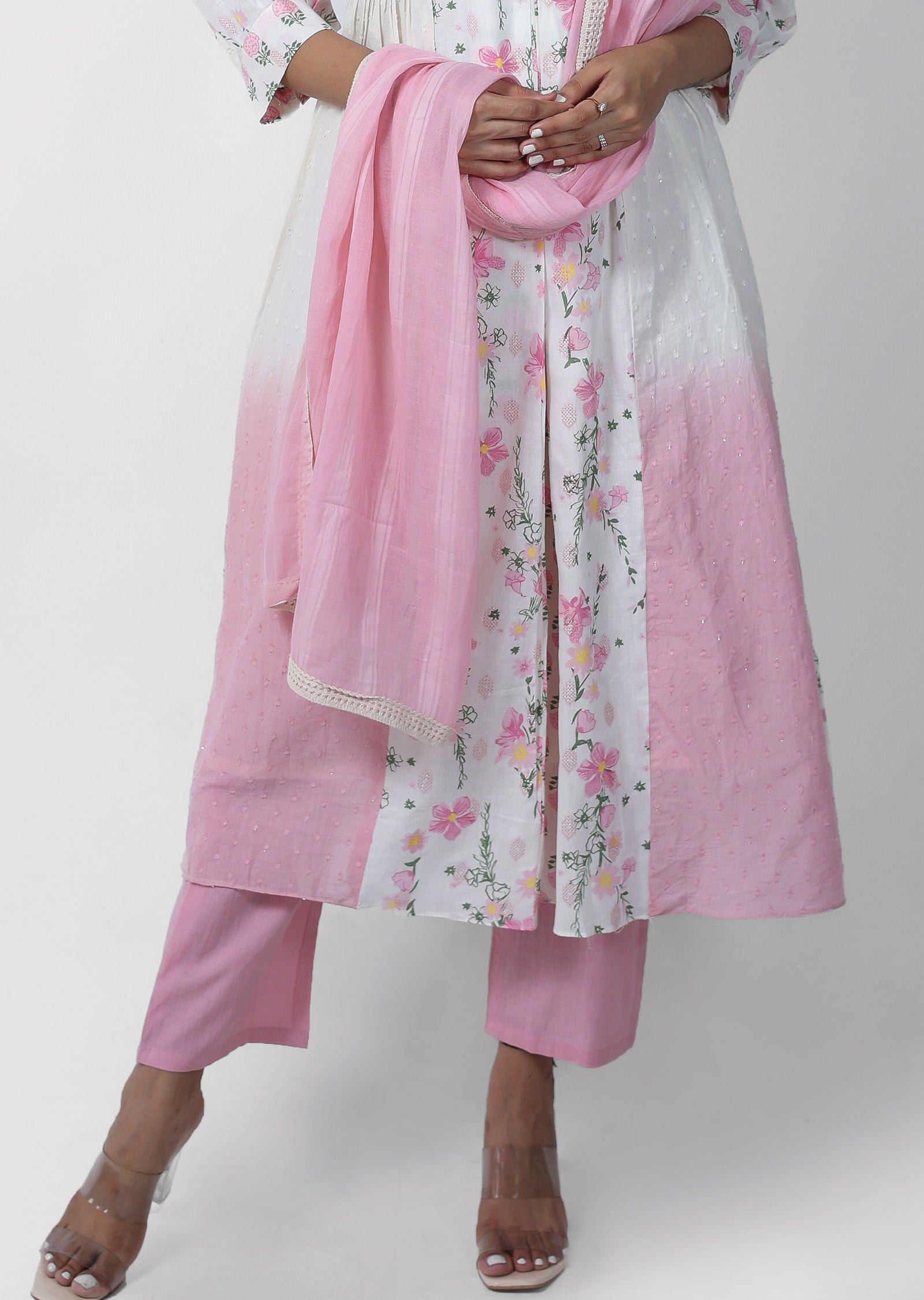 Off White & Pink Cotton Printed Anarkali