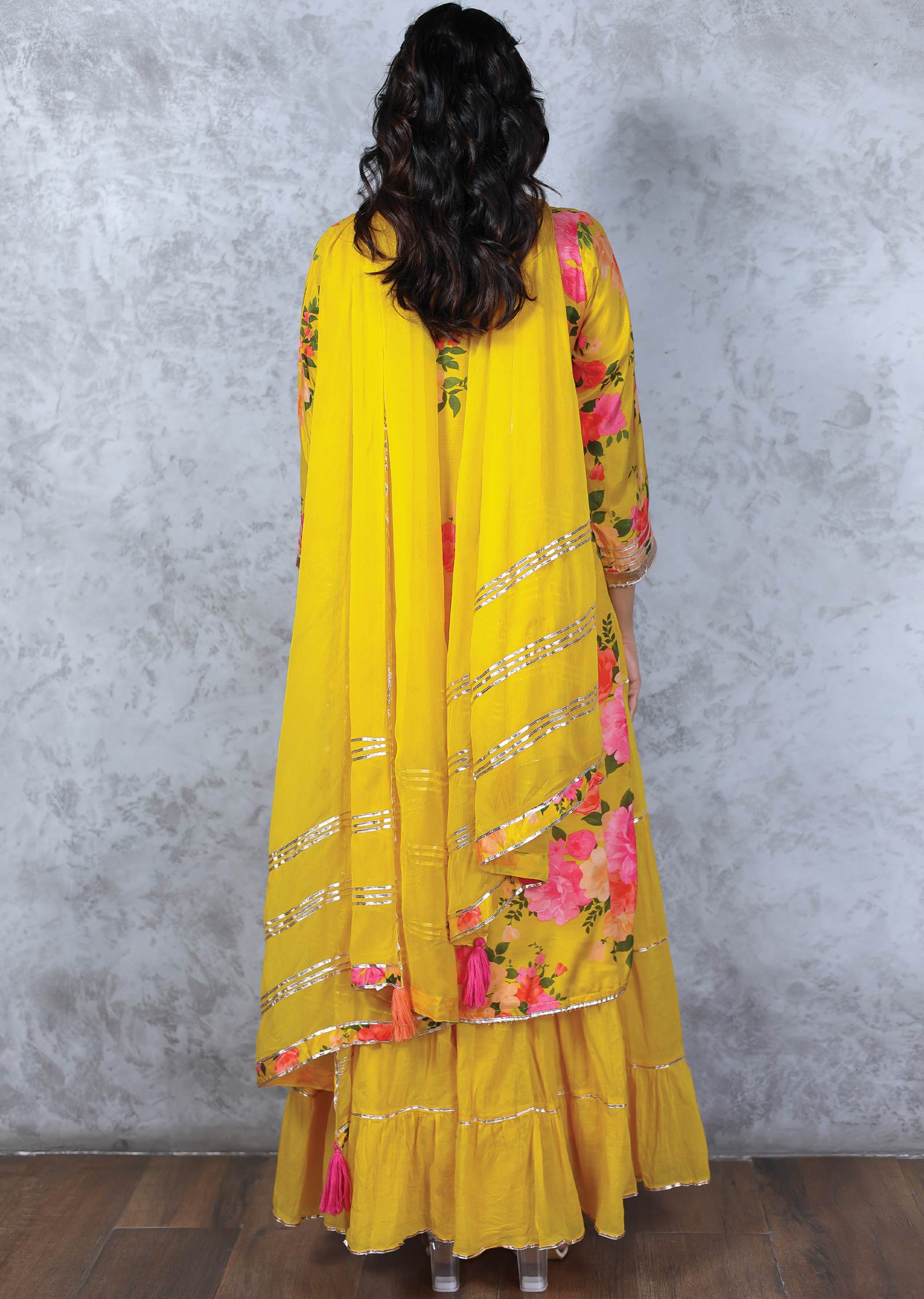 Yellow Cotton & Muslin Printed Anarkali
