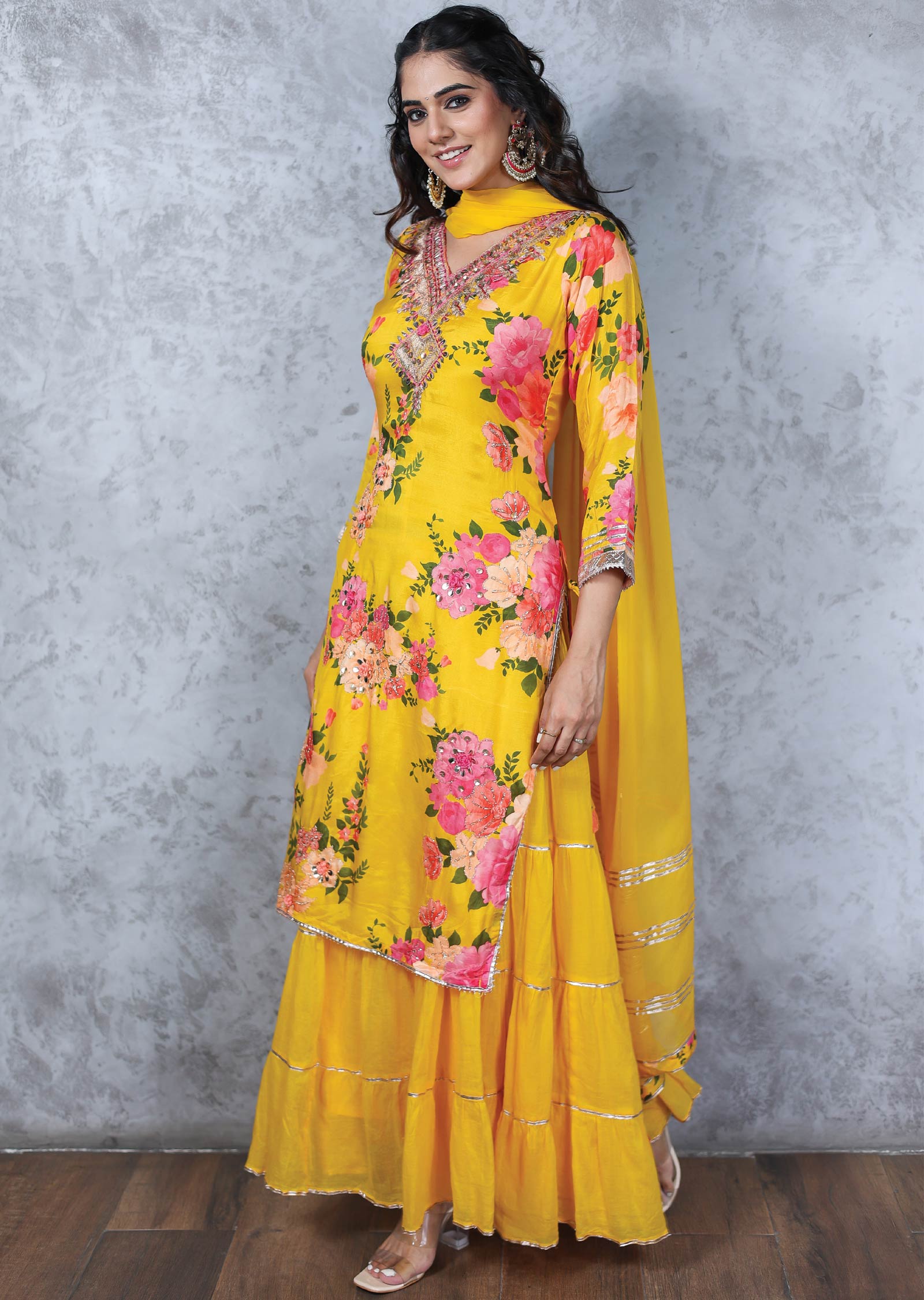 Yellow Cotton & Muslin Printed Anarkali