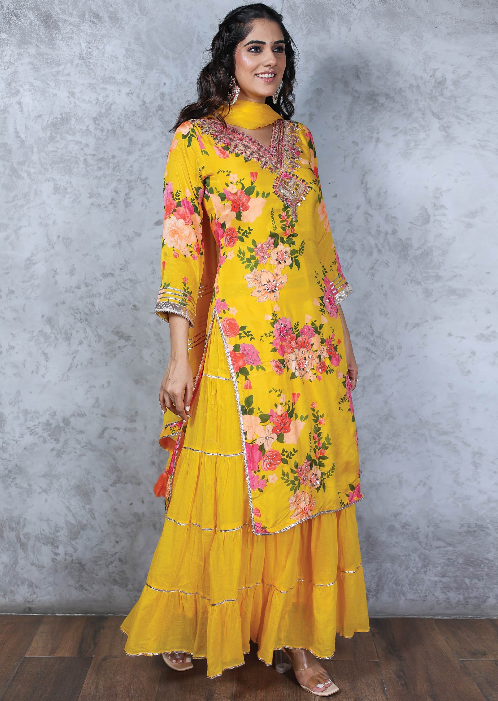 Yellow Cotton & Muslin Printed Anarkali