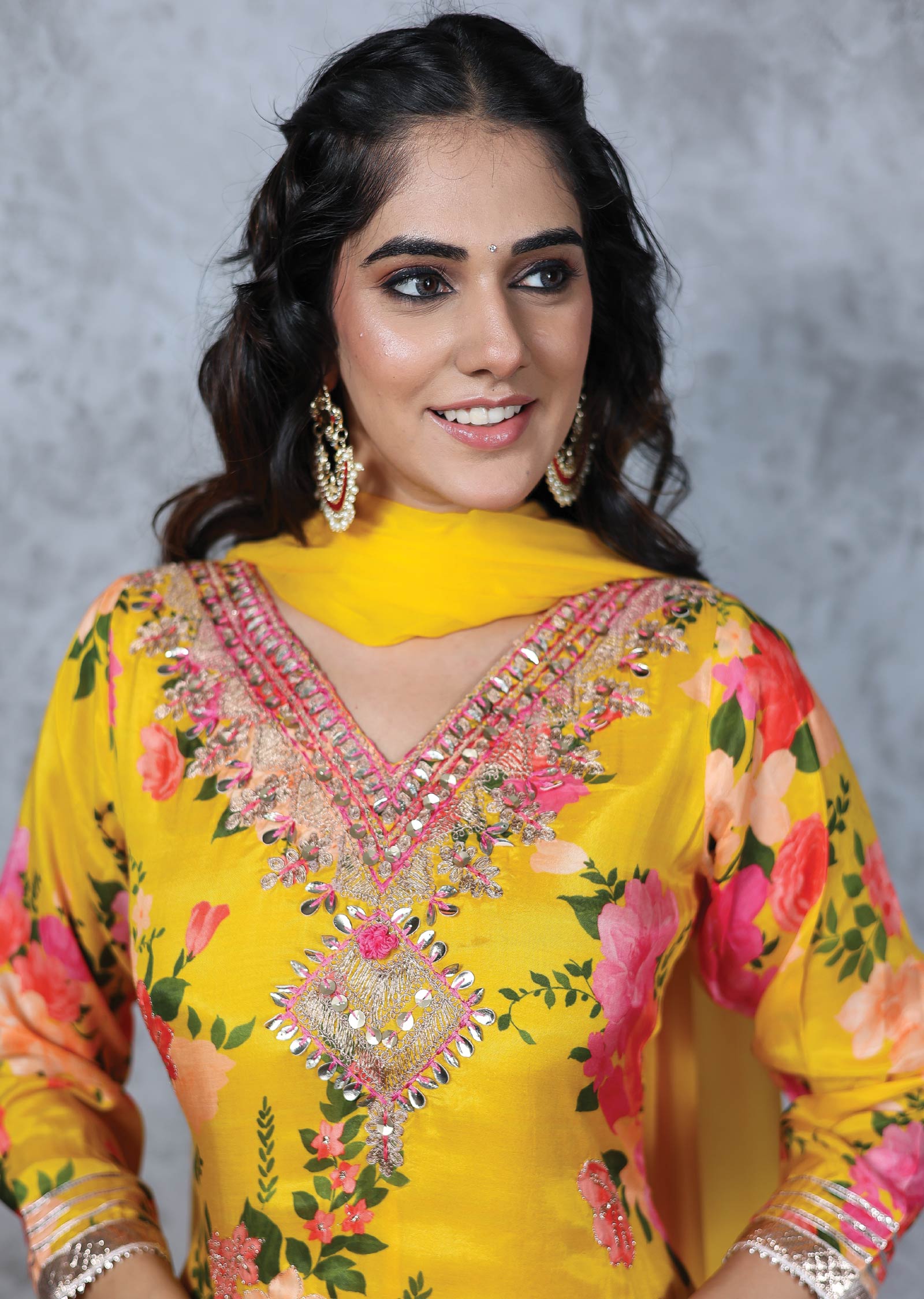 Yellow Cotton & Muslin Printed Anarkali