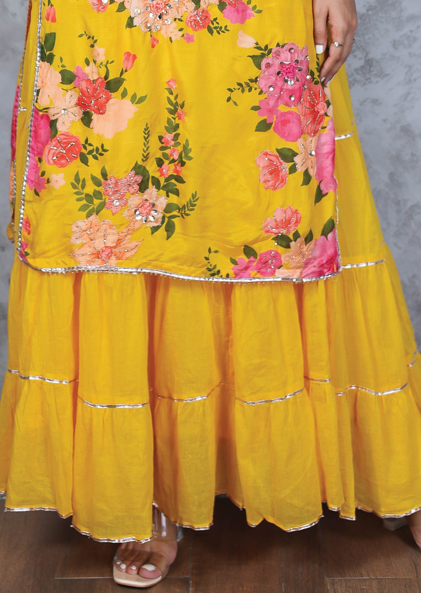 Yellow Cotton & Muslin Printed Anarkali