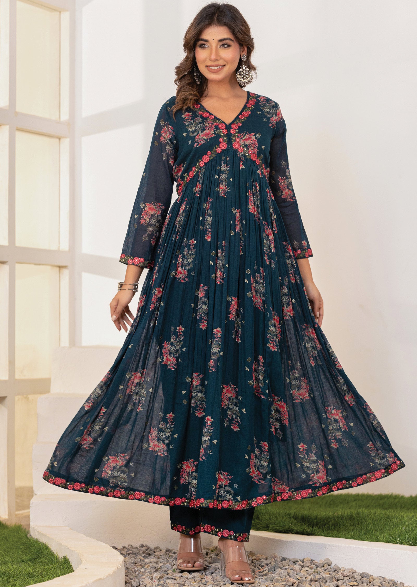 Rama Green Cotton Alia cut Anarkali