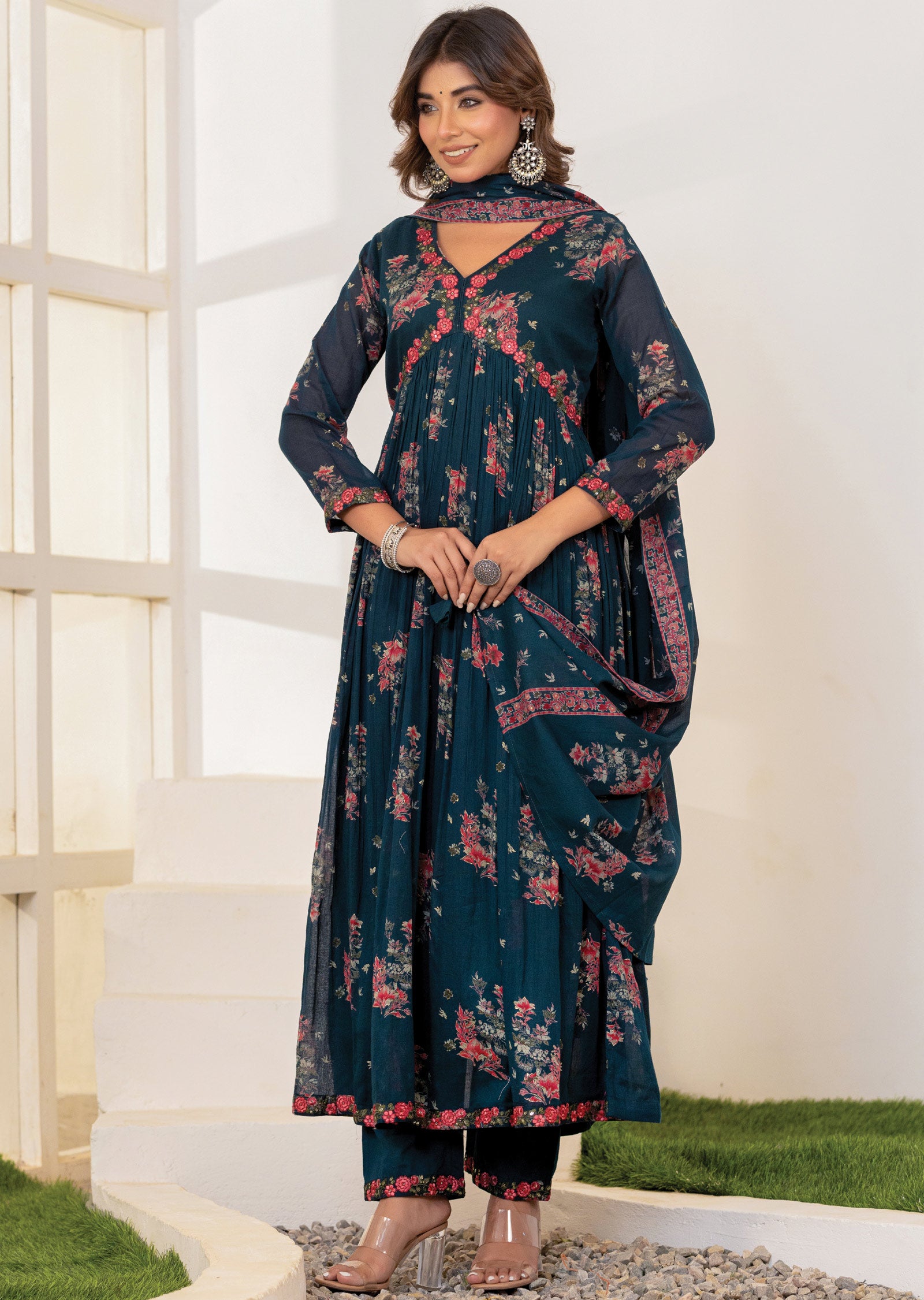 Rama Green Cotton Alia cut Anarkali