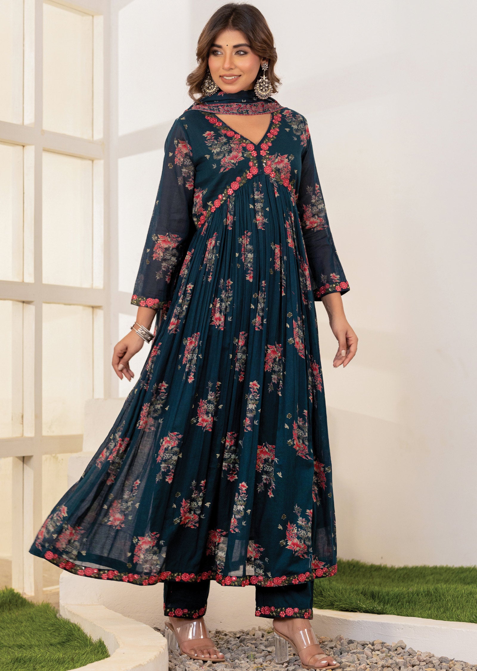 Rama Green Cotton Alia cut Anarkali