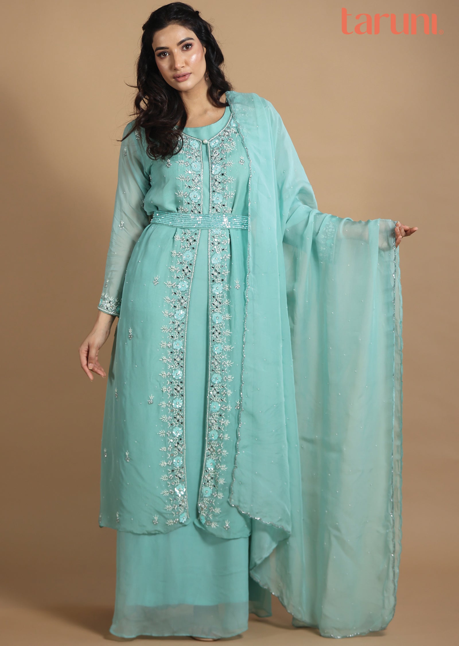 Sea Green Organza Anarkali Dress with Long Jacket