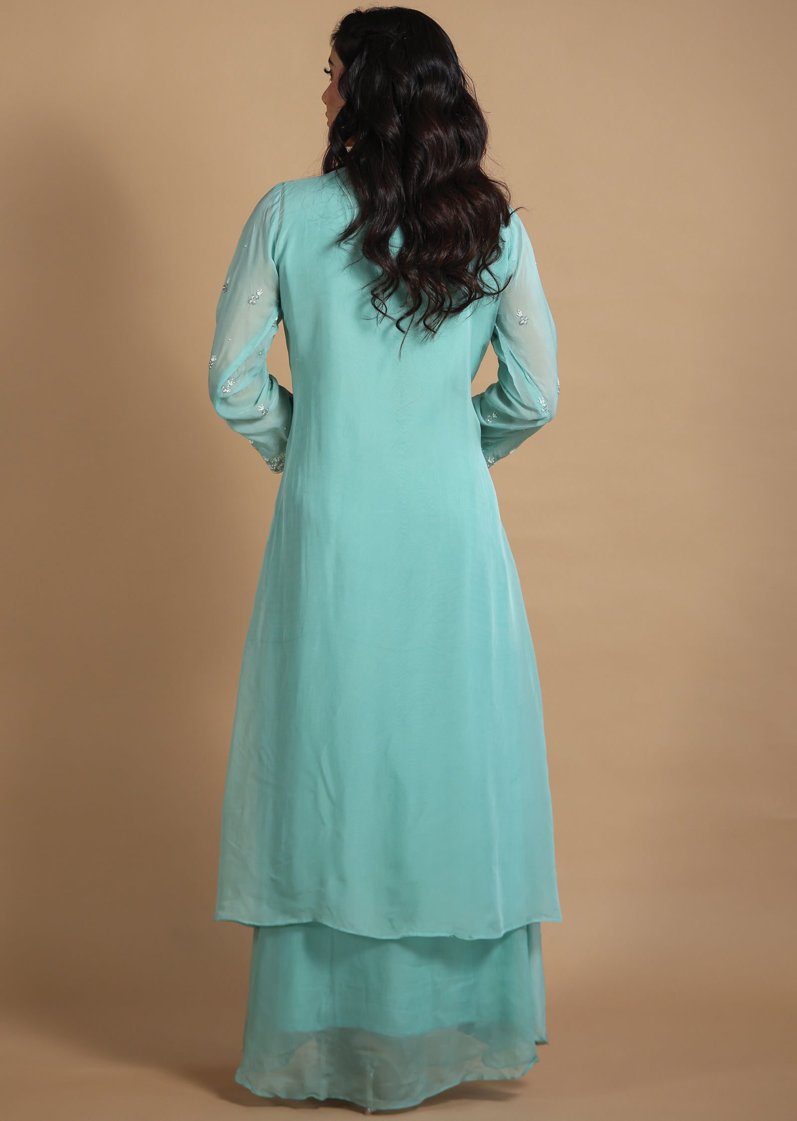 Sea Green Organza Anarkali Dress with Long Jacket