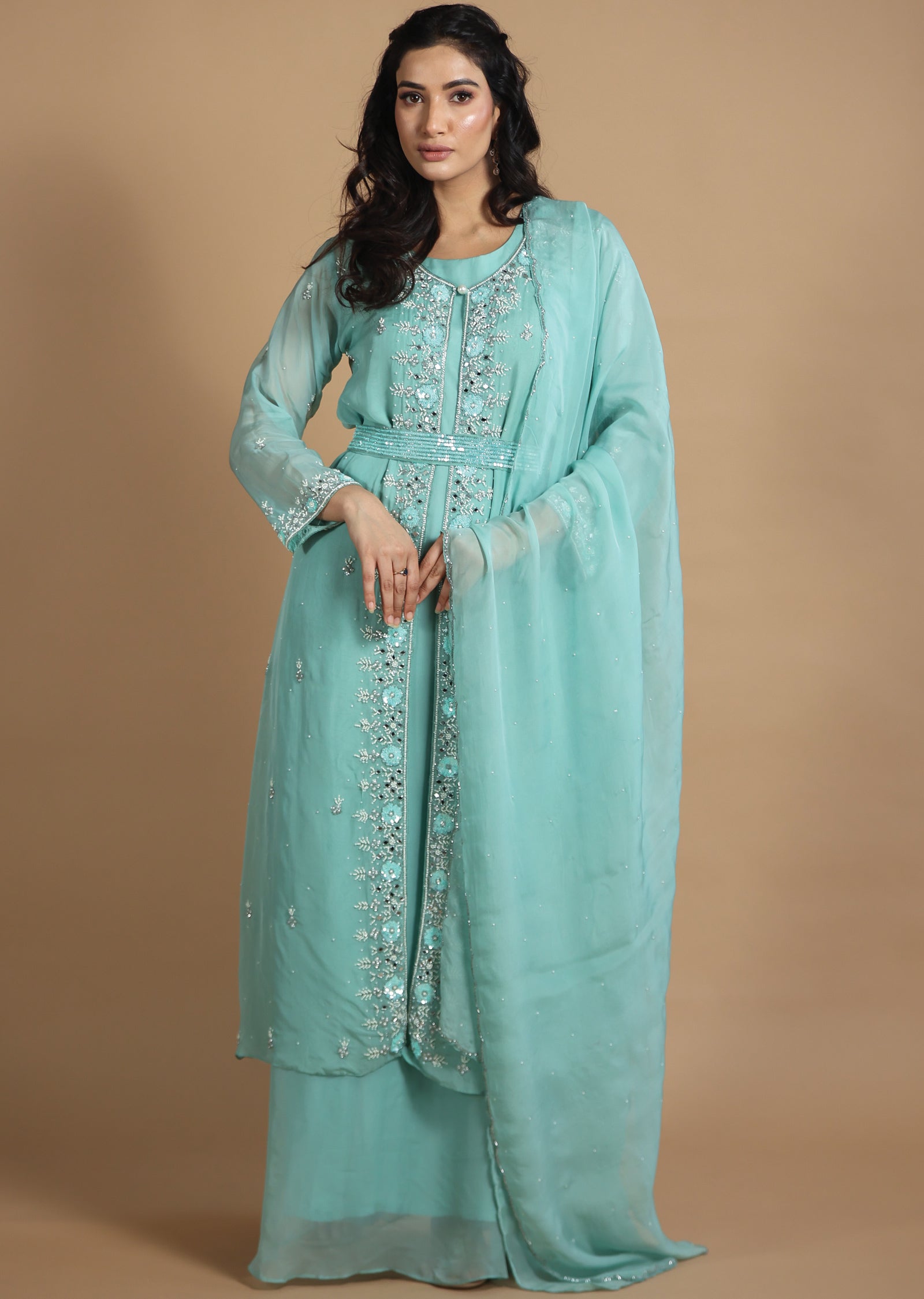 Sea Green Organza Anarkali Dress with Long Jacket