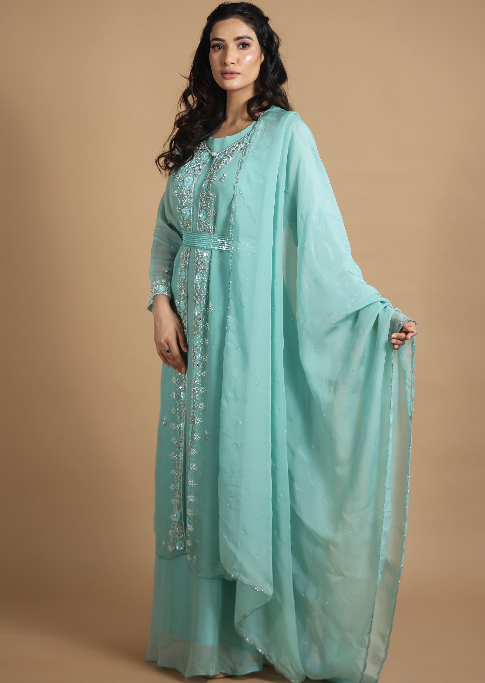 Sea Green Organza Anarkali Dress with Long Jacket