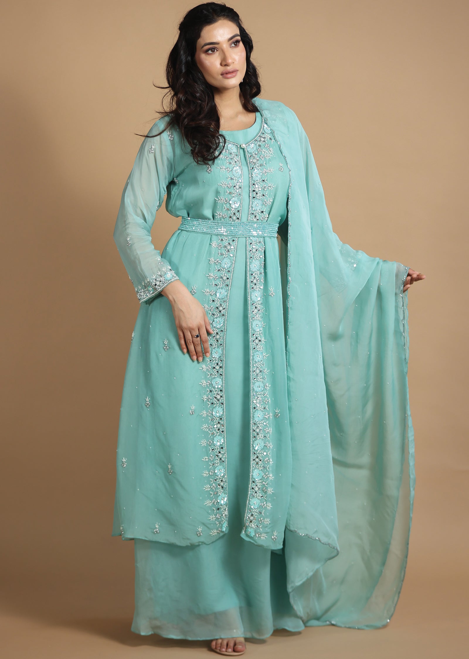 Sea Green Organza Anarkali Dress with Long Jacket